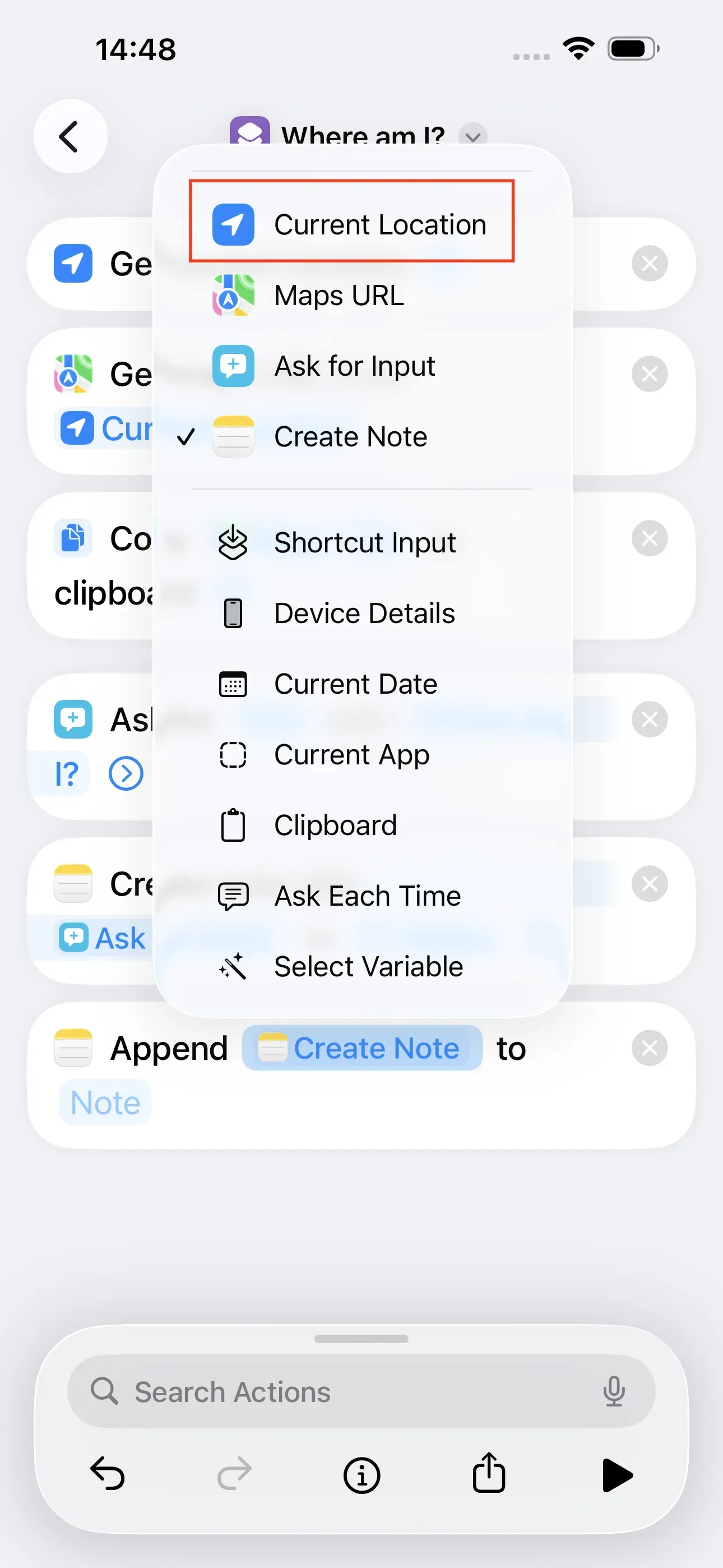 When you press the ‘Create Note’ field, the ‘Current Location’ option appears. This is outlined in red.