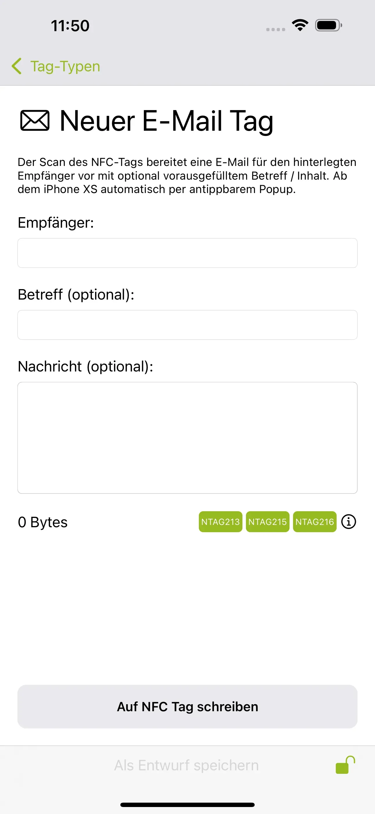 Die Seite „Neuer E-Mail Tag“ ist erkennbar und in das untere Feld soll die E-Mail-Adresse des Empfängers der E-Mail, der Betreff und die Nachricht eingetragen werden, die beim Scan des NFC-Tags gesendet werden soll.