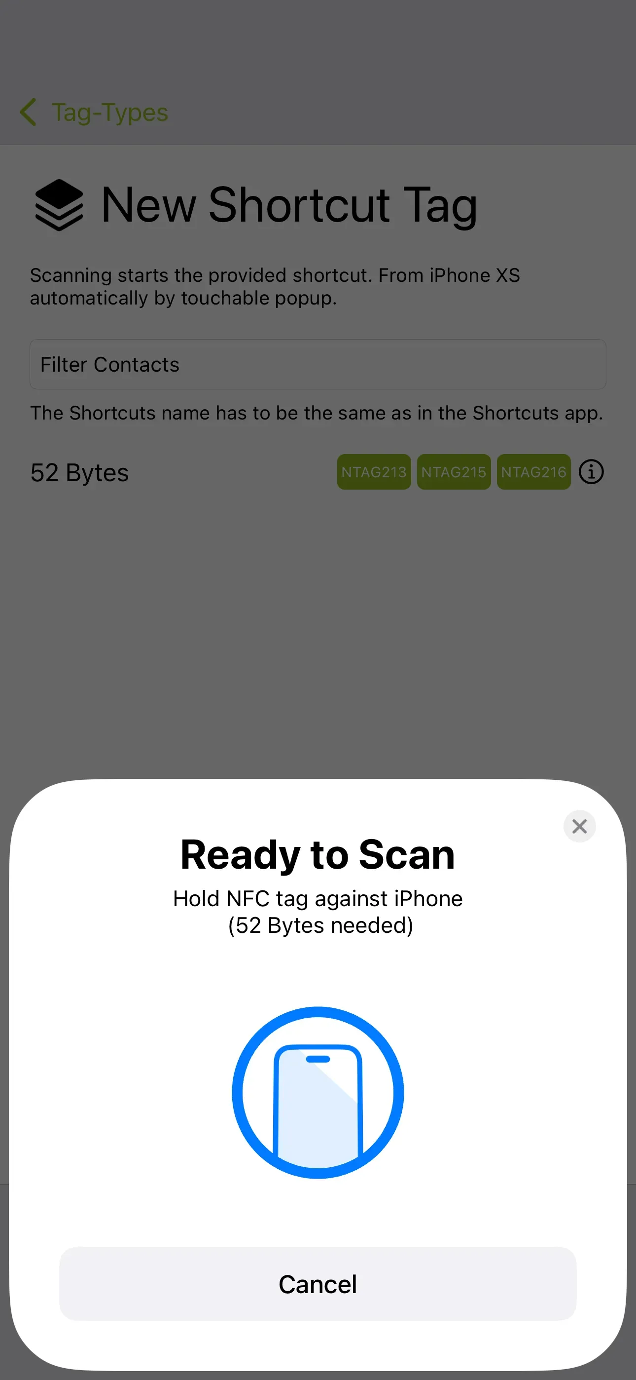 The shortcut is saved to the iPhone using the NFC21 Tools app.
