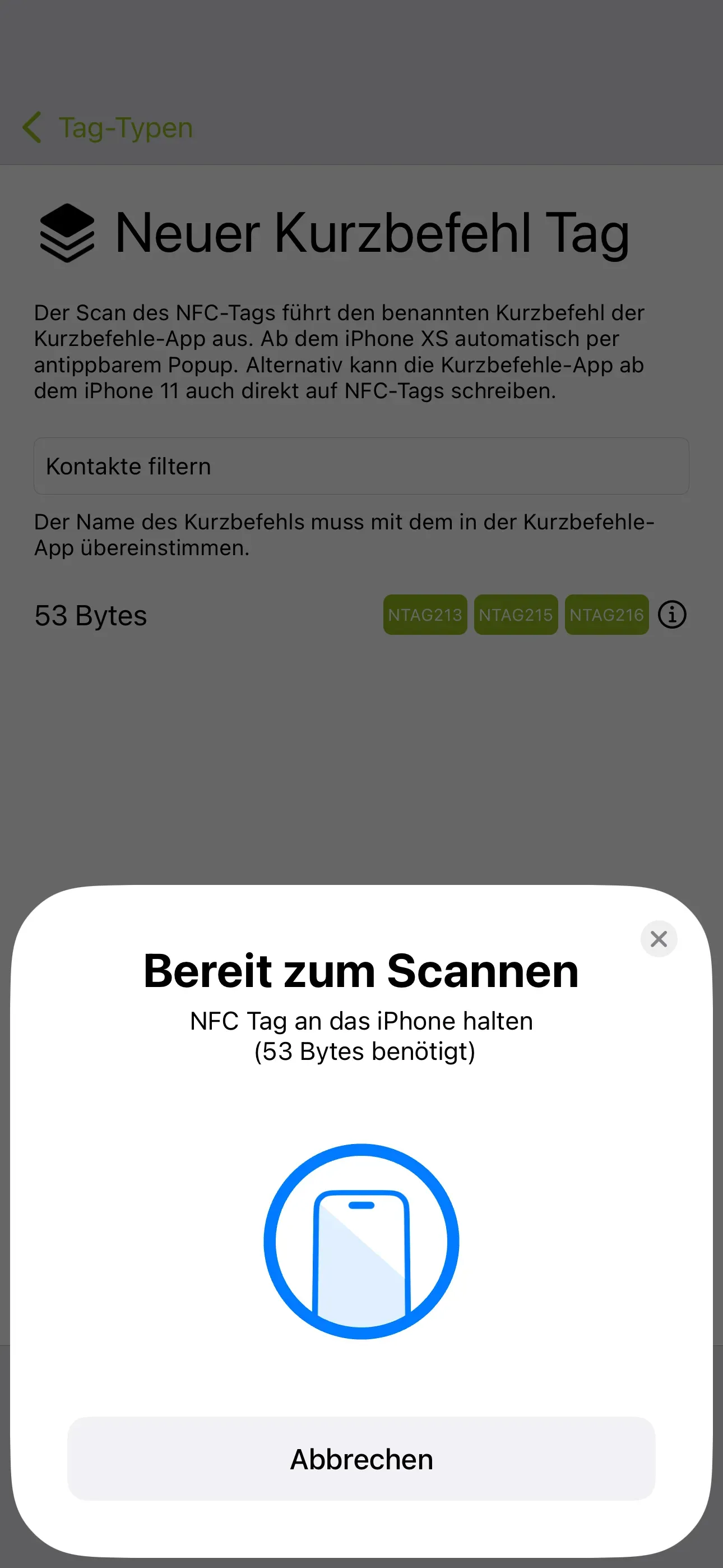 Der Kurzbefehl wird mit der NFC21 Tools App, auf das iPhone gespeichert.