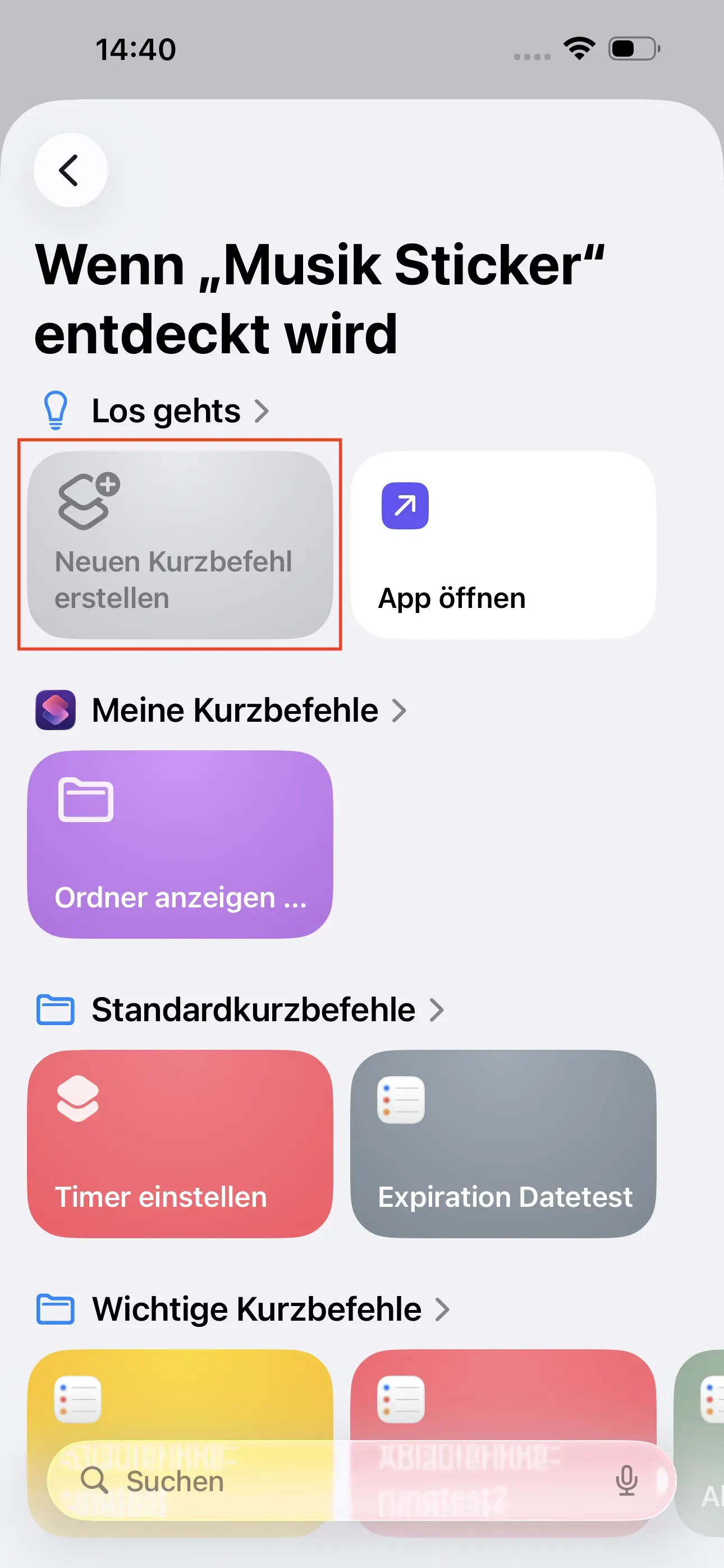 Im Bereich „Los gehts“ erscheint die Option „Neuen Kurzbefehl erstellen“.