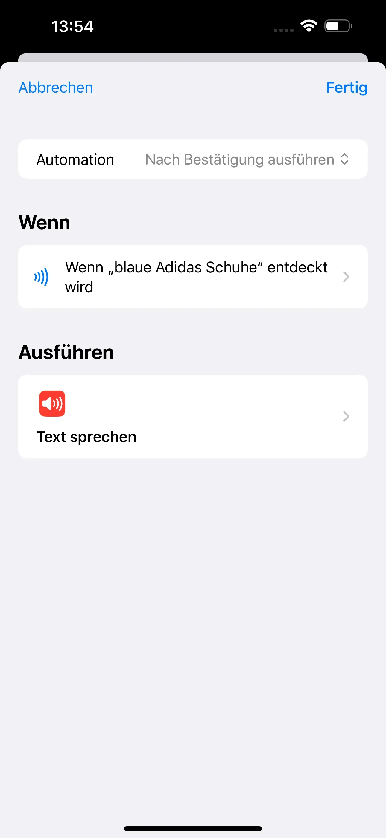 Es ist eine Übersicht mit der erstellten Automation erkennbar. Diese Automation besteht aus dem Kurzbefehl „Text sprechen“. 