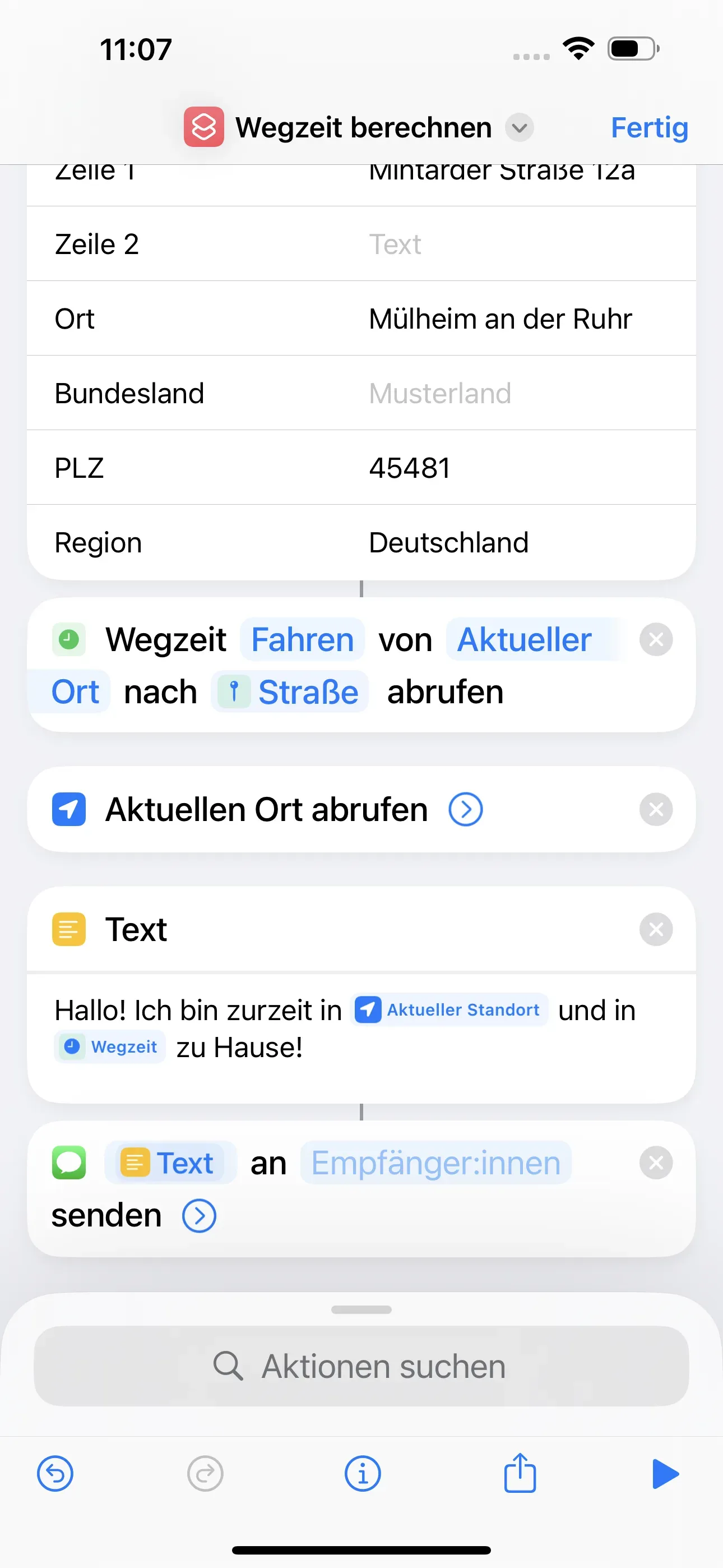 Es wird eingestellt, dass dieser Text über iMessage an eine*n Empfänger*in geschickt werden soll.