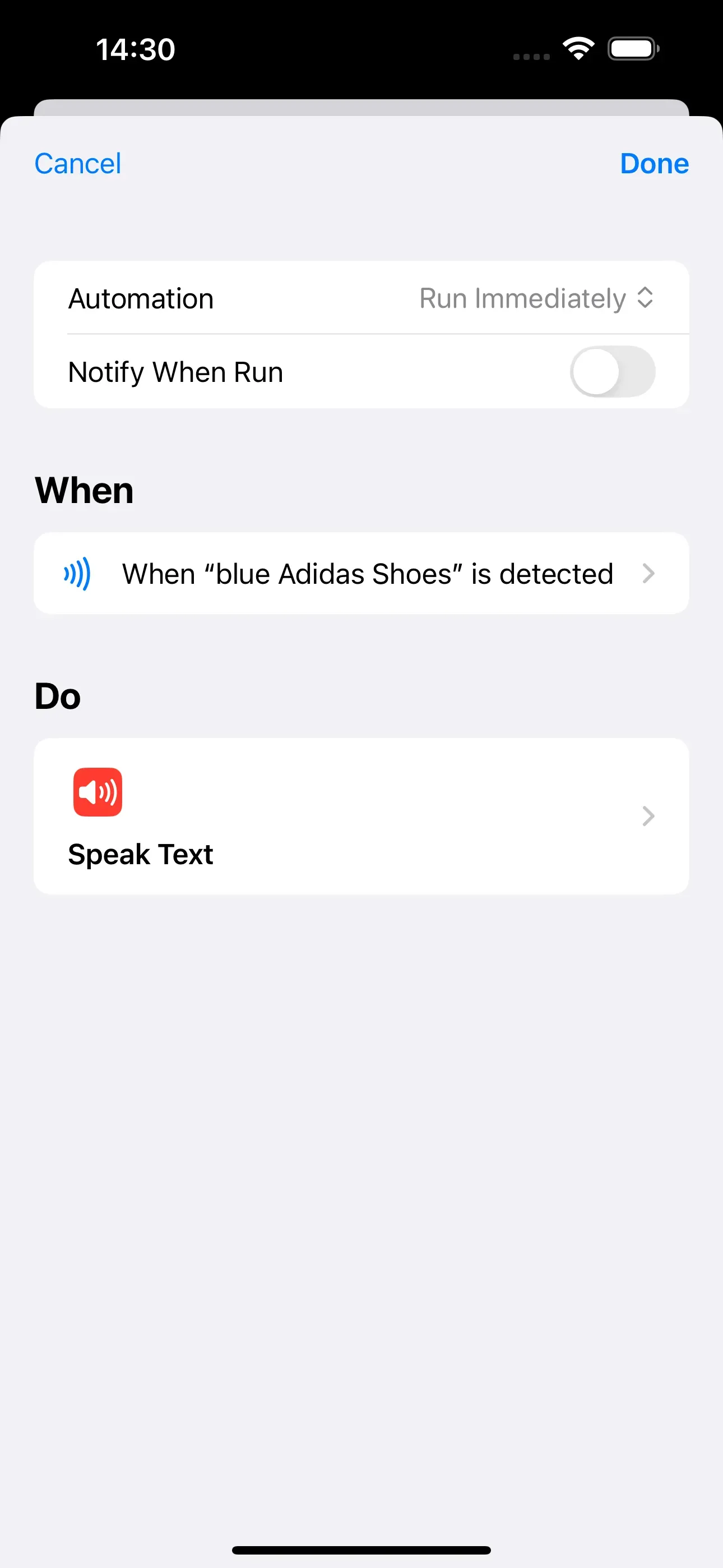 An overview of the automation created is displayed. This automation consists of the shortcut ‘Speak Text’.