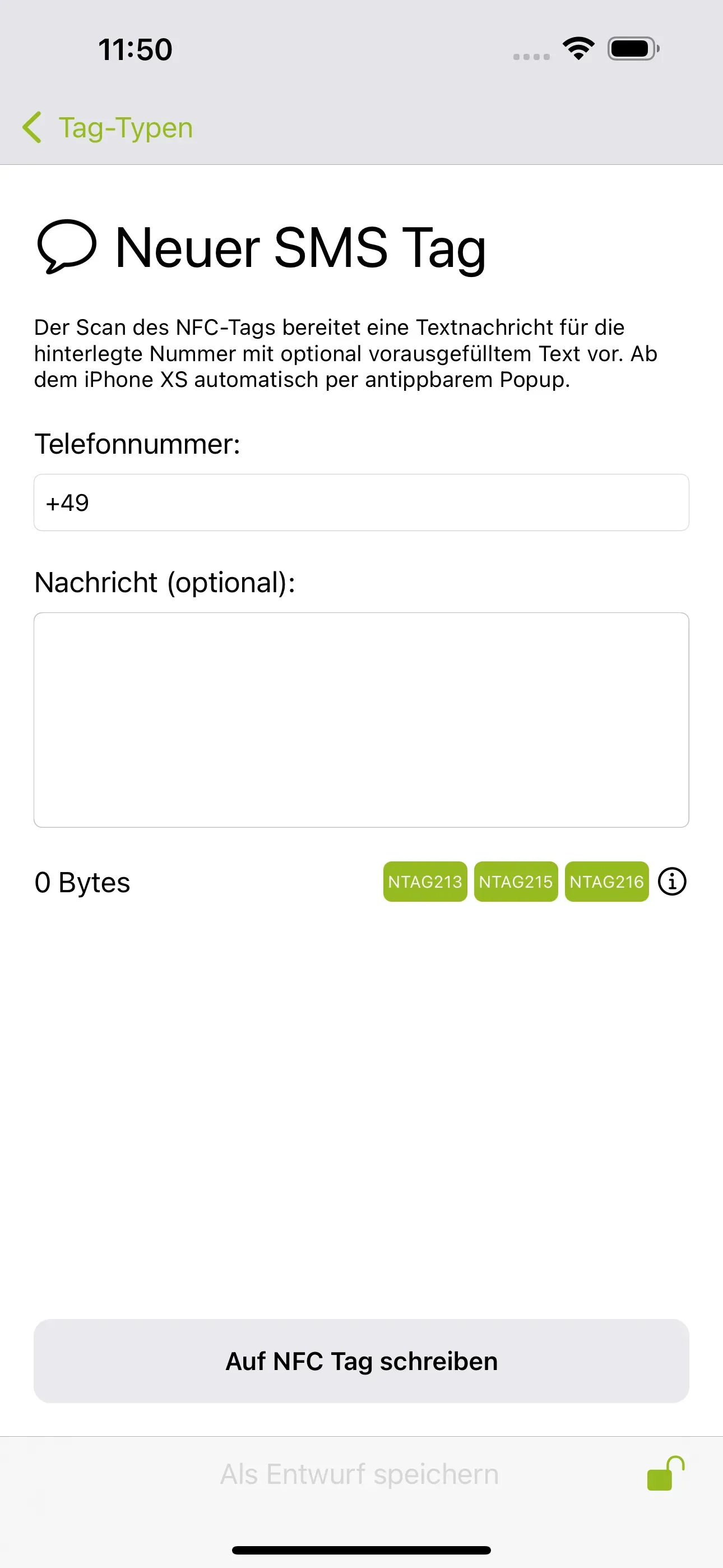 Die Seite „Neuer SMS Tag“ ist erkennbar und in das untere Feld soll die Telefonnummer des Empfängers der SMS und die Nachricht eingetragen werden, die beim Scan des NFC-Tags gesendet werden soll.