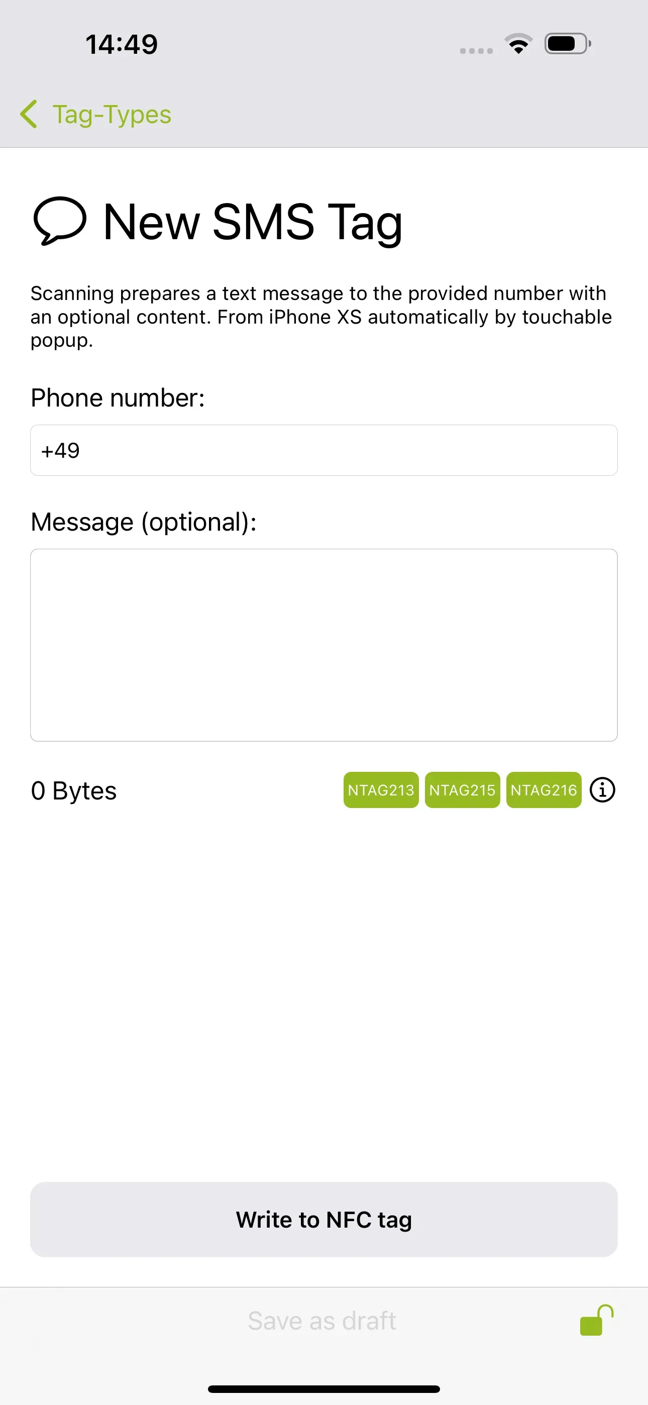 The “New SMS Tag” page is visible, and the recipient's phone number and the message to be sent when the NFC tag is scanned, should be entered in the field below.
