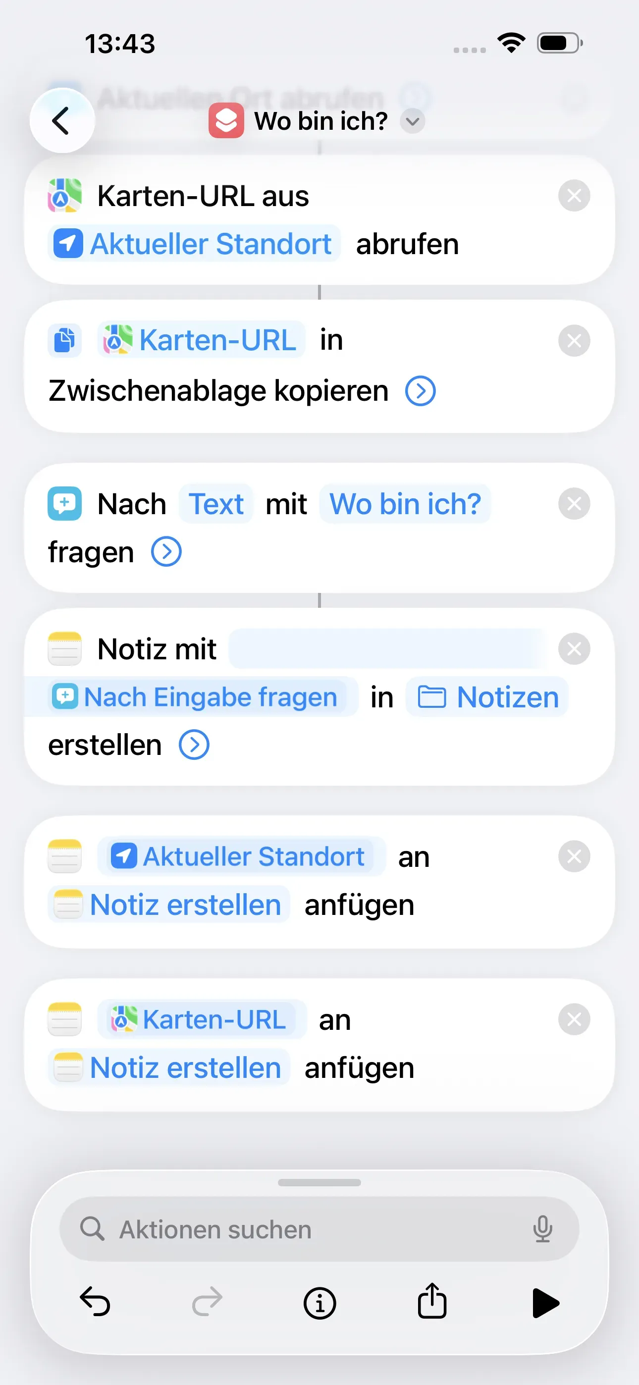 Die Aktion „Karten-URL an Notiz erstellen anfügen“ wurde erstellt.