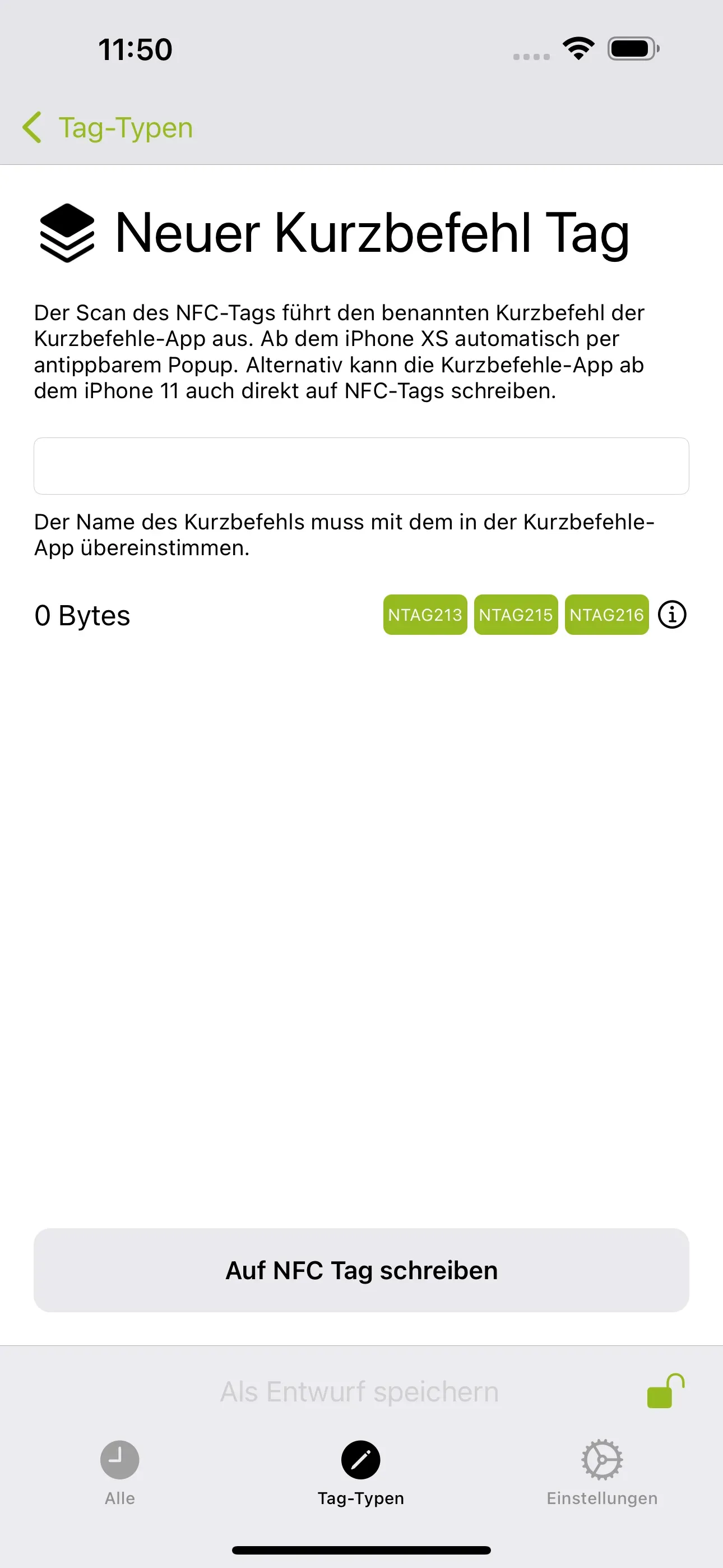 Die Seite „Neuer Kurzbefehl Tag“ ist erkennbar und in das untere Feld soll der Name des Kurzbefehls eingetragen werden. Der Name muss mit dem Namen des Kurzbefehls aus der Kurzbefehle App übereinstimmen.