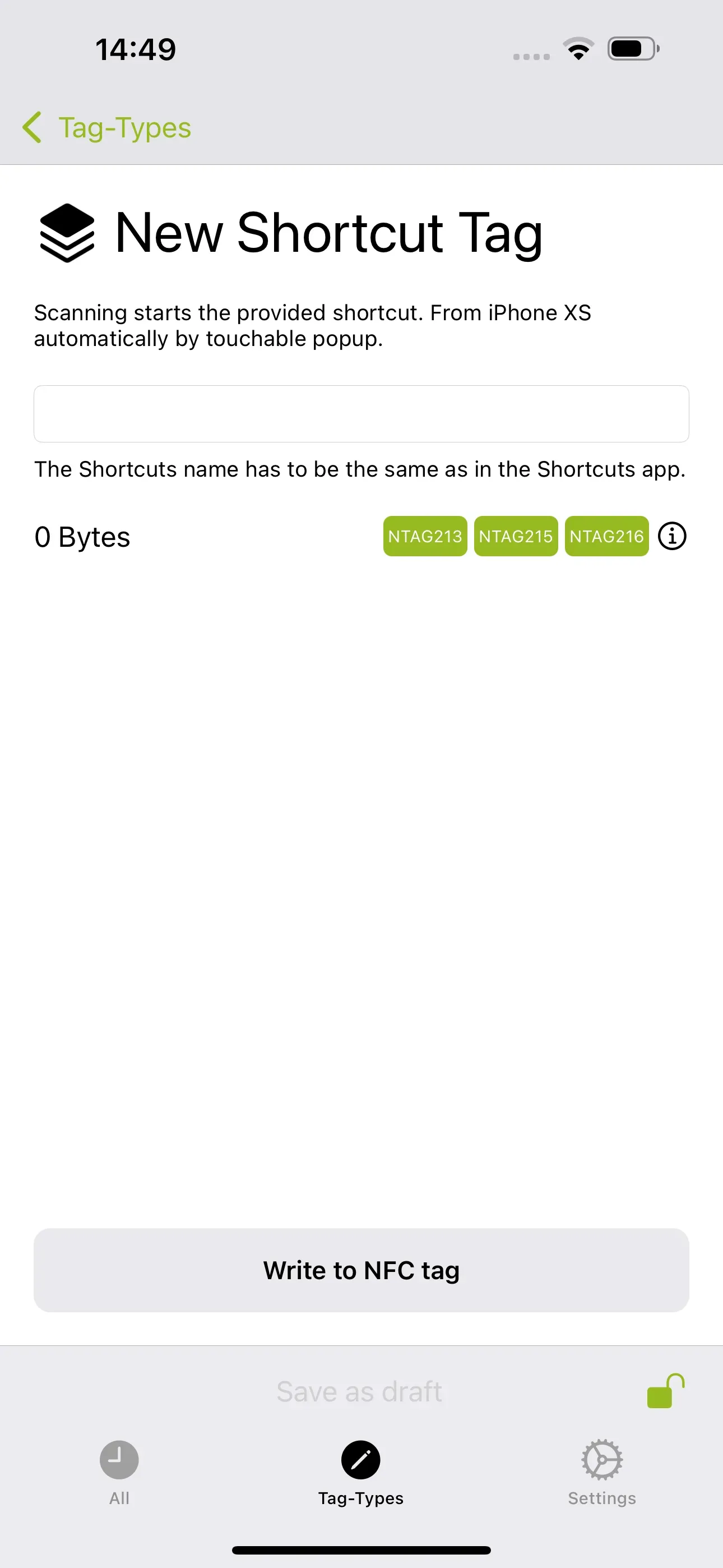 The “New Shortcut Tag” page is visible and the name of the shortcut should be entered in the field below. The name must match the name of the shortcut from the Shortcuts app.