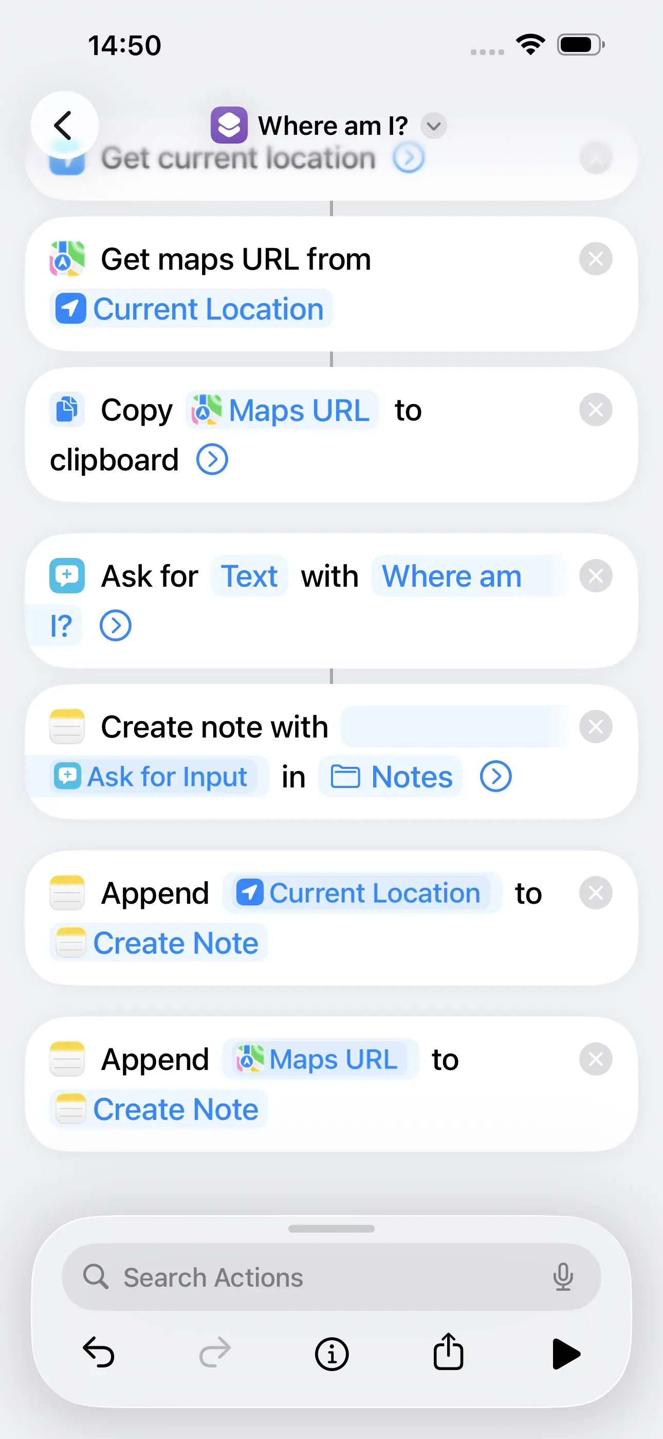 The action ‘Append Maps URL to Create Note’ has been created.