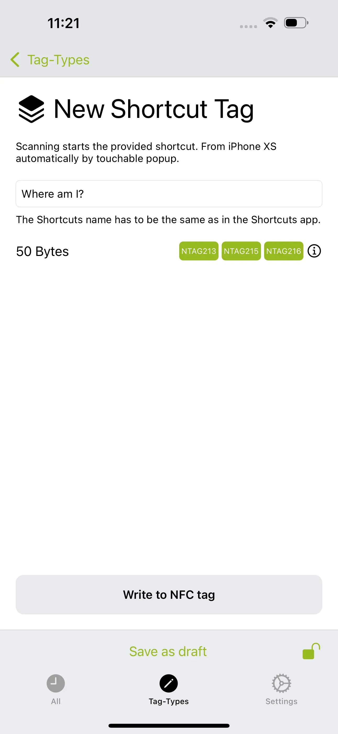 In NFC21 Tools, the name of the shortcut ‘Where am I?’ is entered into the field of the new shortcut tag.