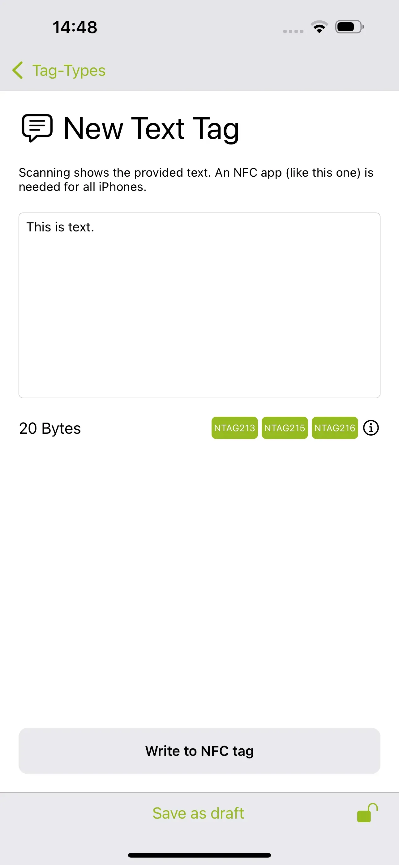 The “New Text Tag” page is visible, and the text that should be displayed when the NFC tag is scanned should be entered in the field below.
