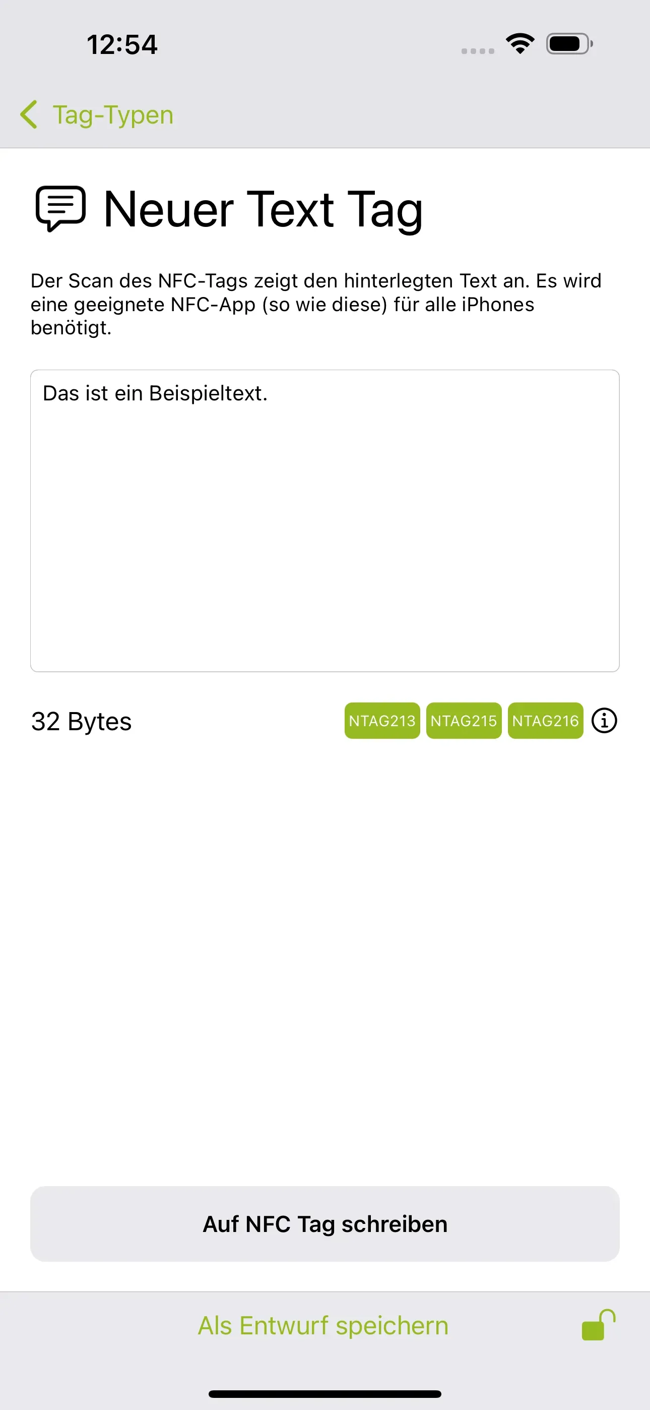 Die Seite „Neuer Text Tag“ ist erkennbar und in das untere Feld soll der Text eingetragen werden, der beim Scan des NFC-Tags angezeigt werden soll.