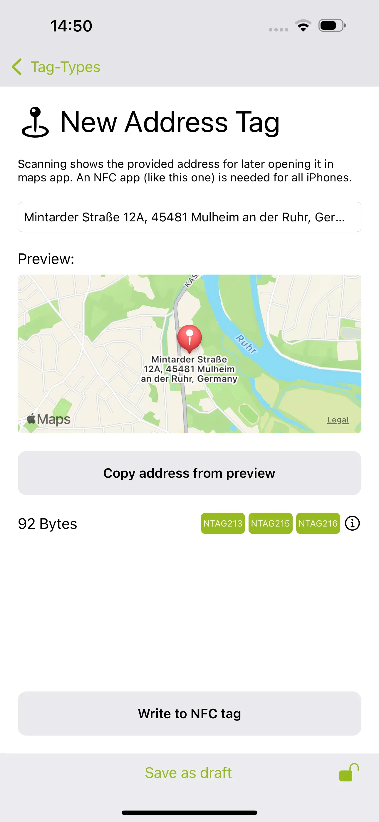 The “New Address Tag” page is visible, and the address that should be displayed when the NFC tag is scanned should be entered in the field below.