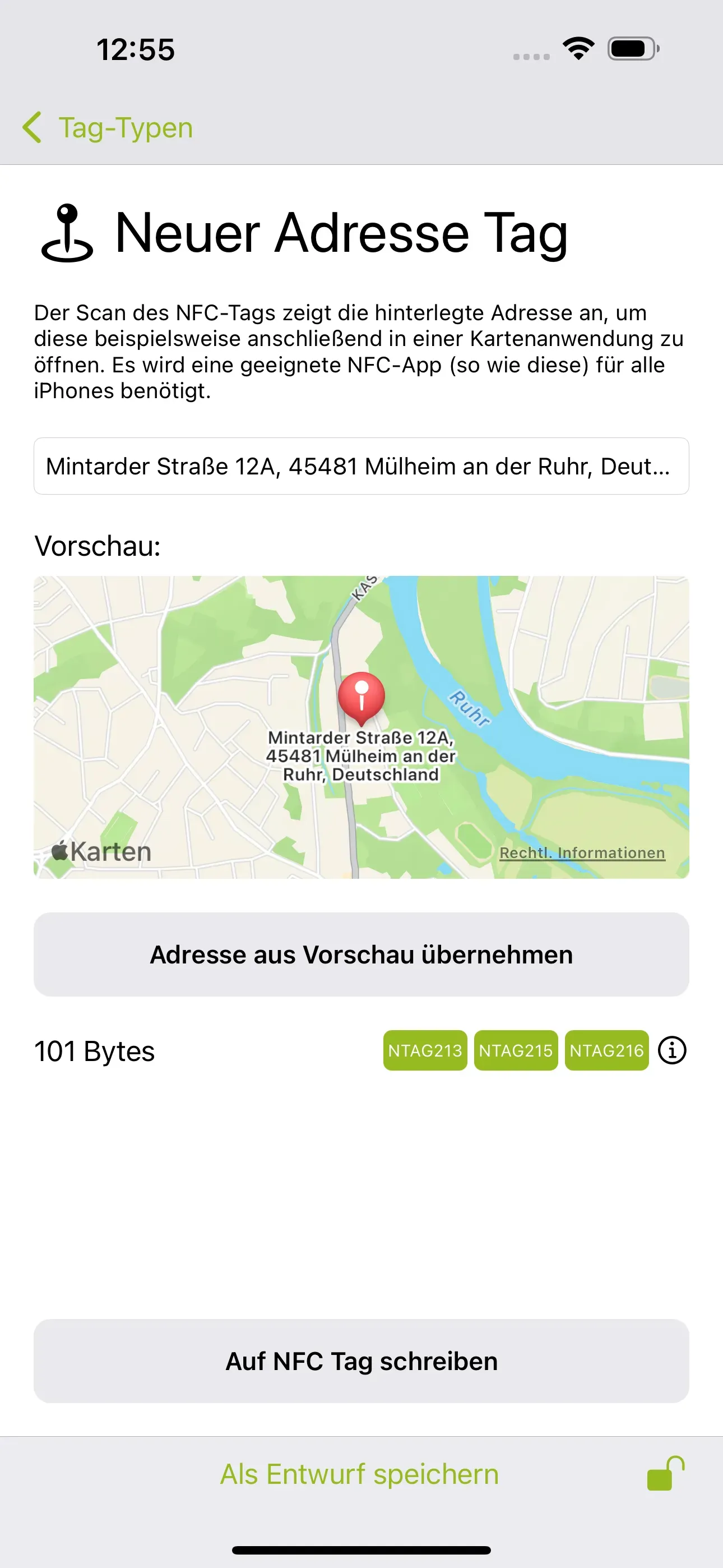 Die Seite „Neuer Adresse Tag“ ist erkennbar und in das untere Feld soll die Adresse eingetragen werden, die beim Scan des NFC-Tags angezeigt werden soll.