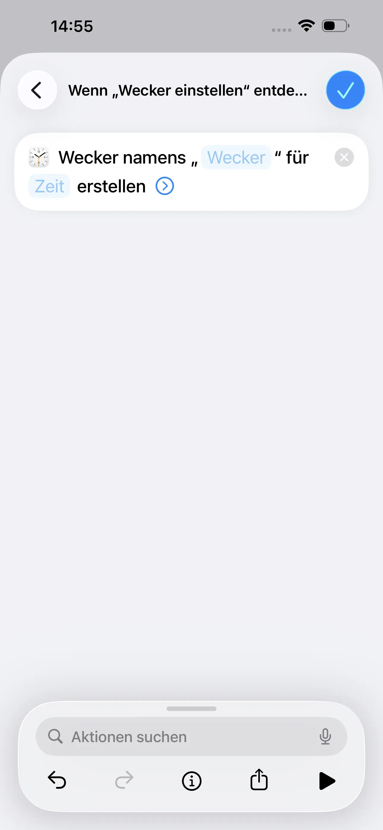 Ein neuer Wecker wird erstellt. Die Aktion „Wecker namens „Wecker“ für Zeit erstellen“ wird gestartet.