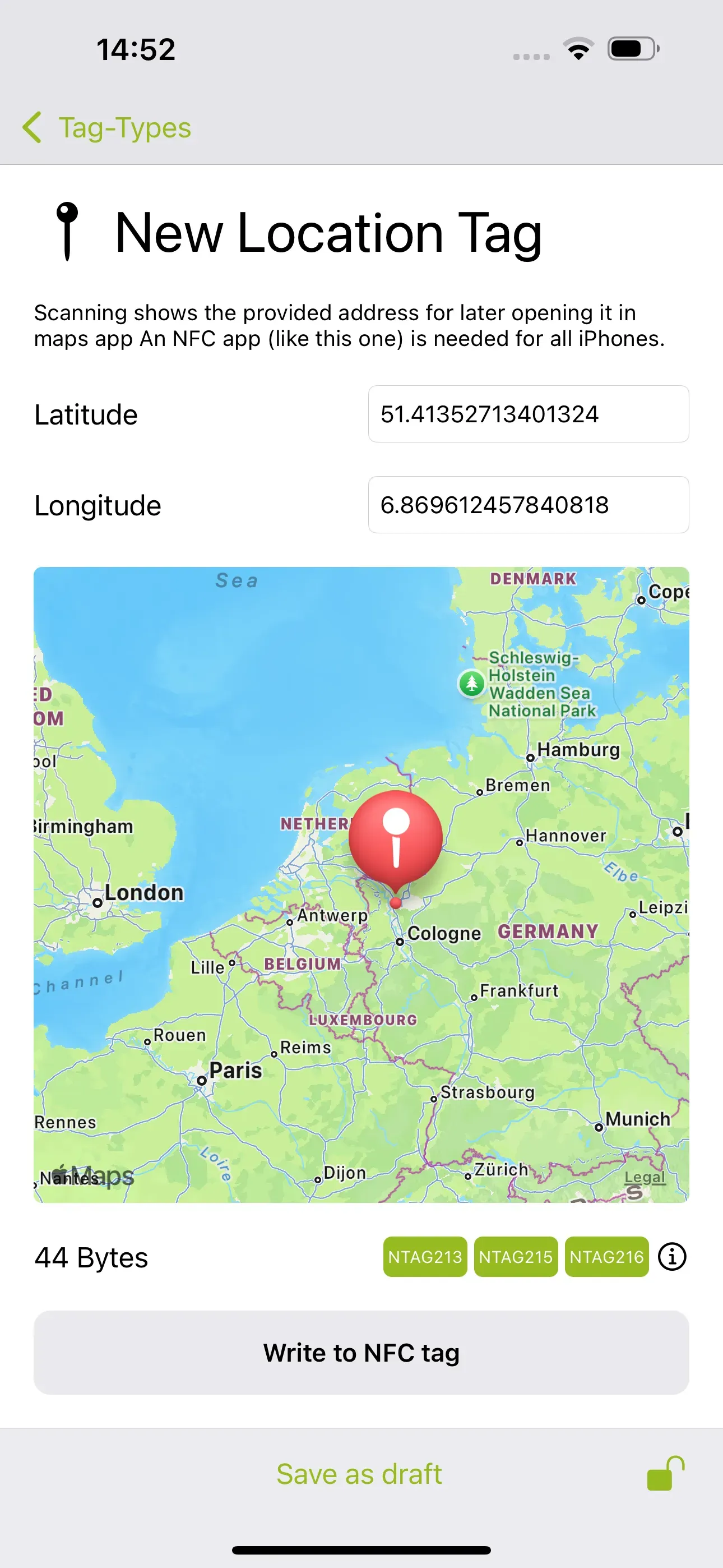 The “New Location Tag” page is visible and the latitude and longitude can be entered. This can be used to display the position when the NFC tag is scanned.