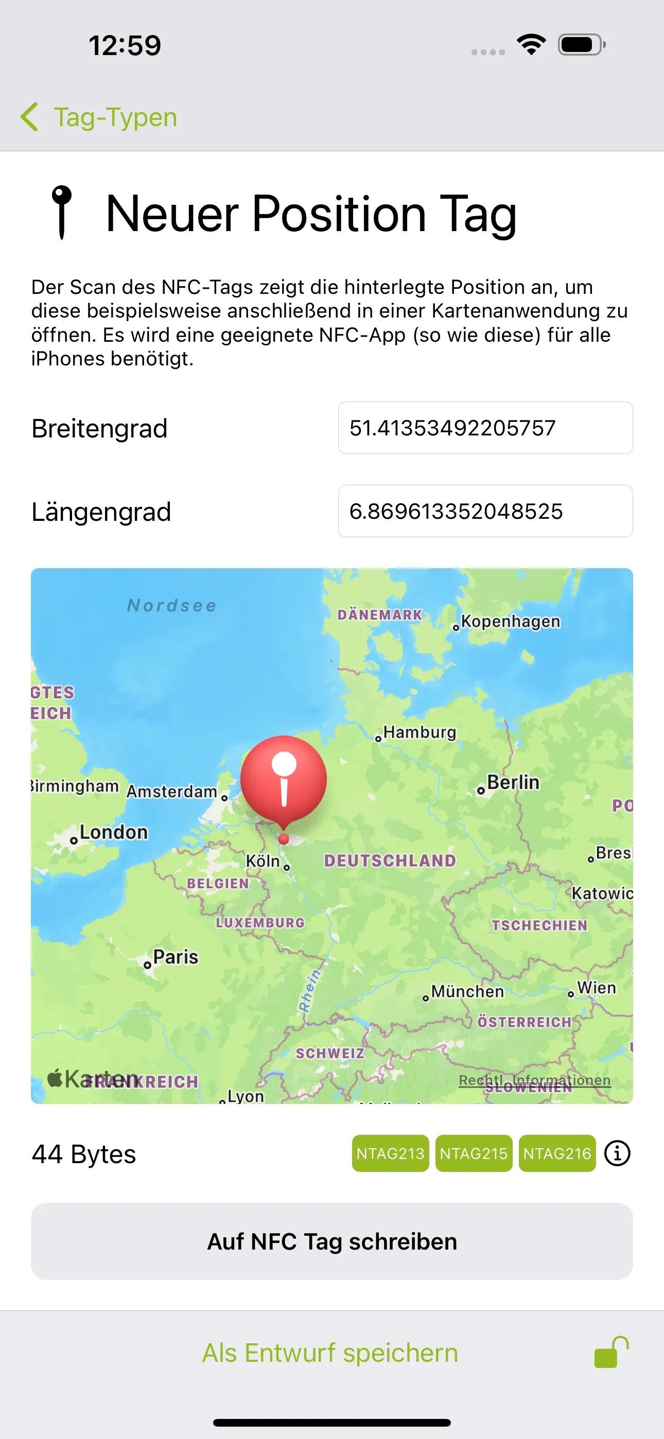Die Seite „Neuer Position Tag“ ist erkennbar und es kann der Breiten- und Längengrad eingetragen. Anhand dessen kann die Position beim Scan des NFC-Tags angezeigt werden soll.