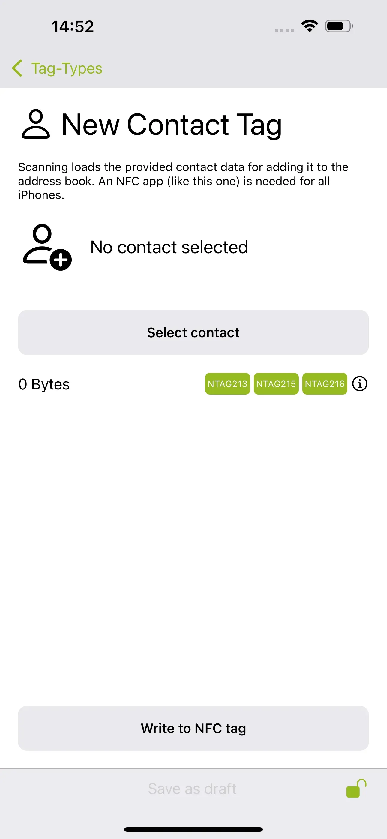 The “New Contact Tag” page is visible and the contact to be written to the NFC tag must be selected.