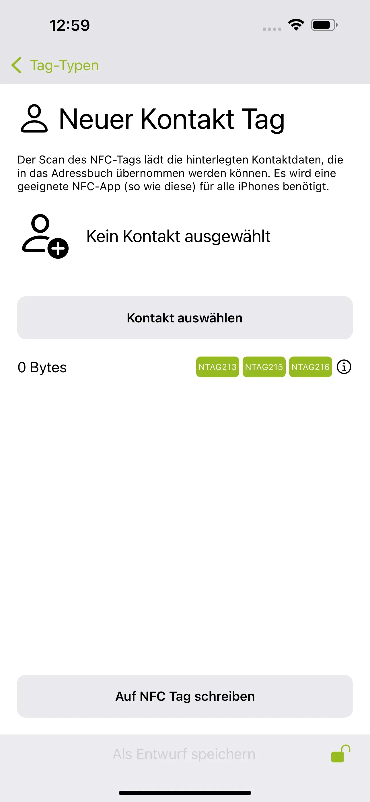 Die Seite „Neuer Kontakt Tag“ ist erkennbar und es soll der Kontakt ausgewählt werden, der auf den NFC-Tag geschrieben werden soll.