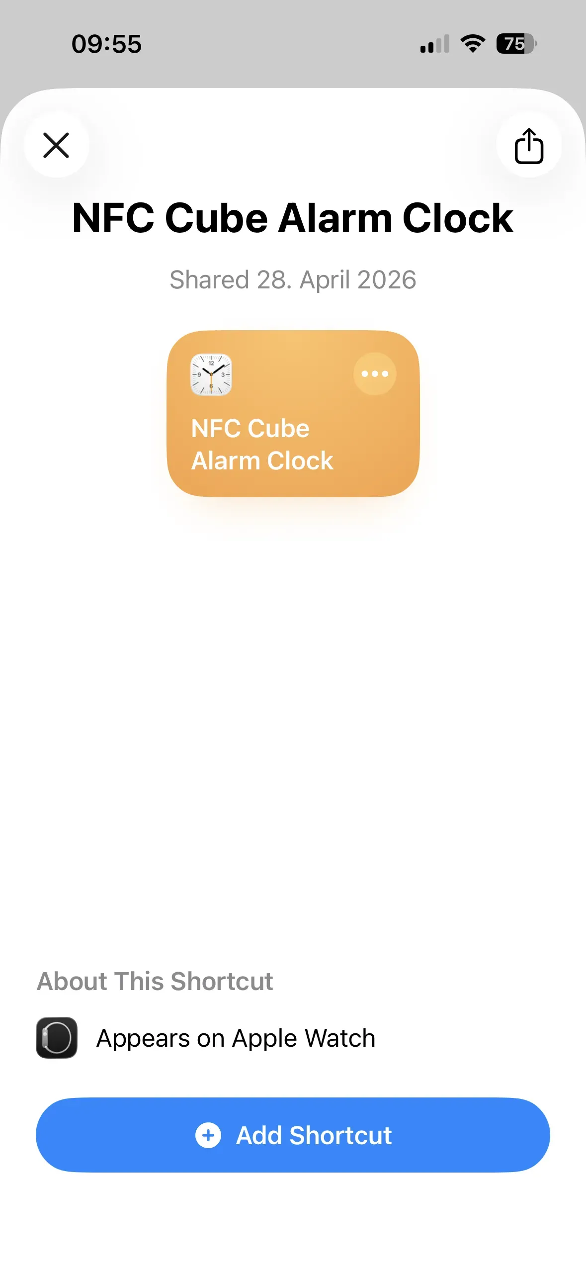 To download the shortcut, tap the blue “+ Add Shortcut” button at the bottom.