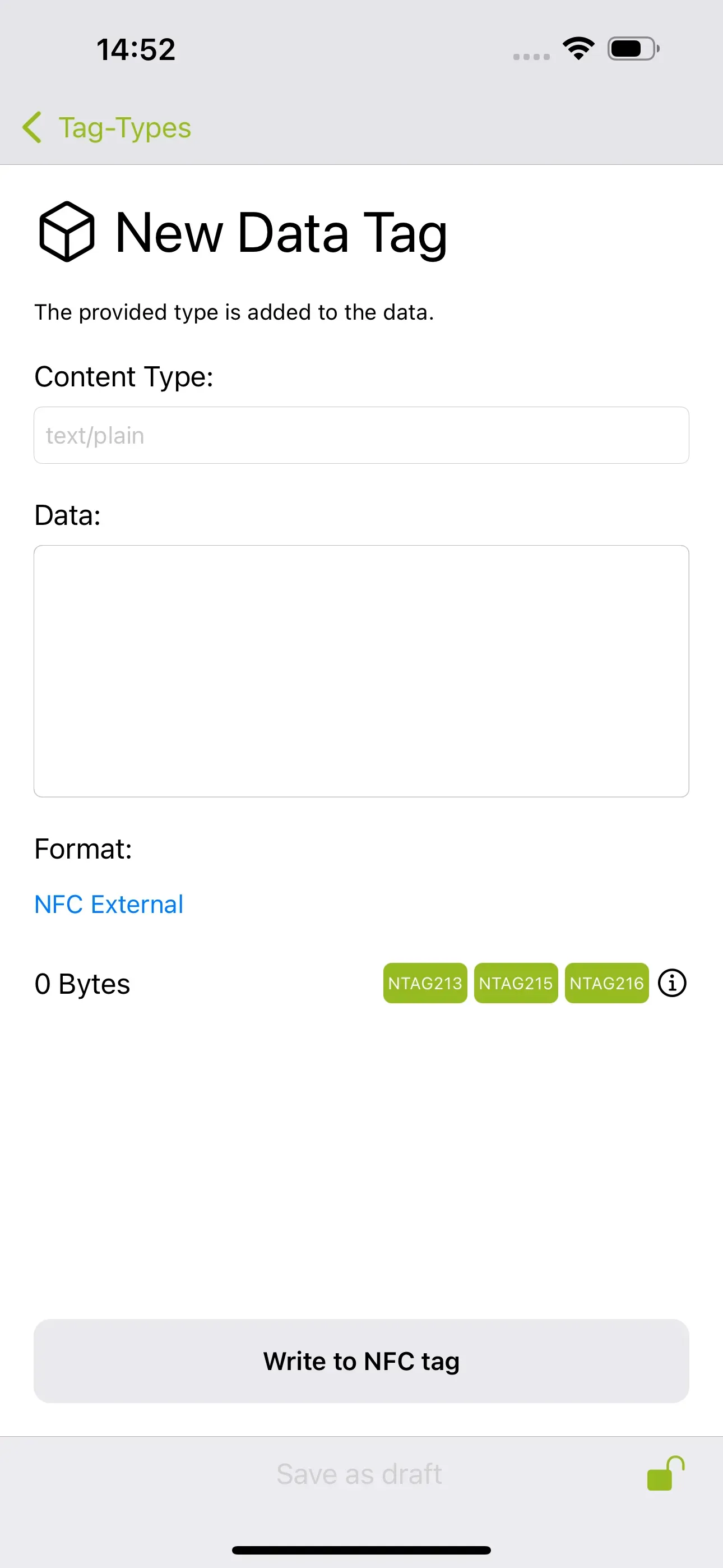 The “New Data Tag” page is visible and the data to be processed should be entered in the field.