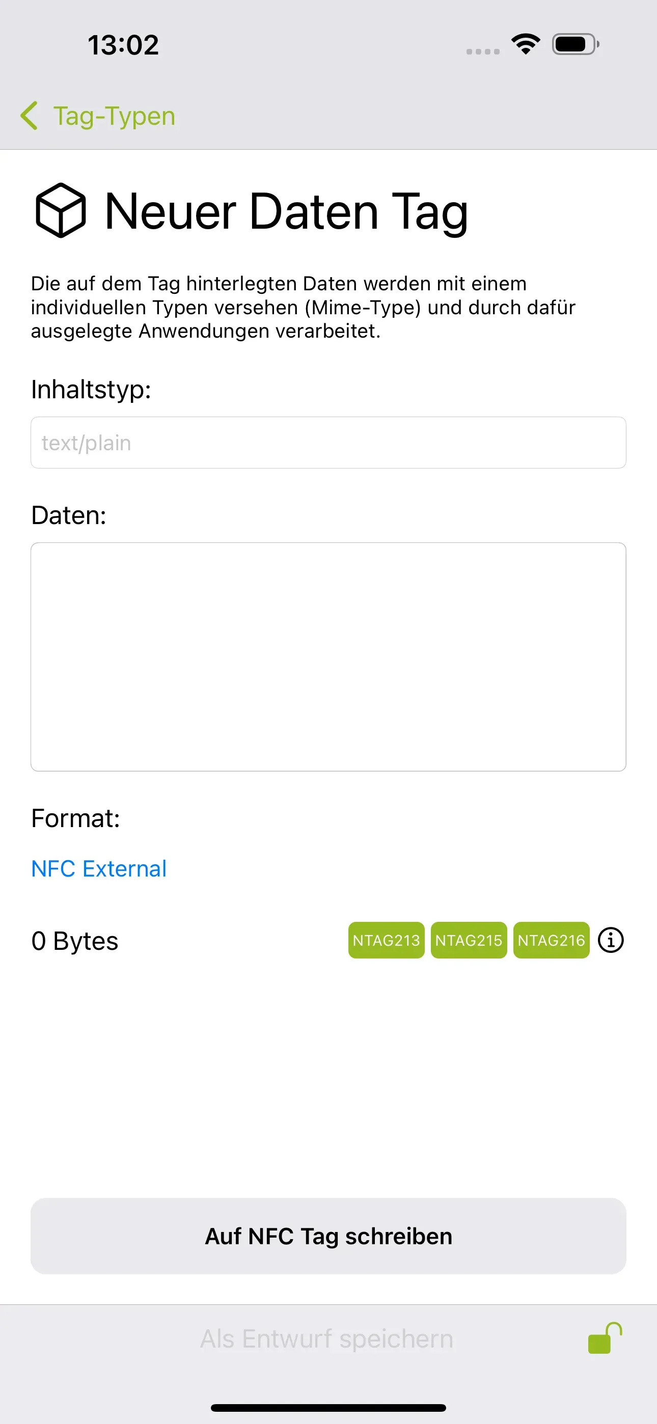 Die Seite „Neuer Daten Tag“ ist erkennbar und in das Feld sollen die Daten eingetragen werden, die verarbeitet werden sollen.