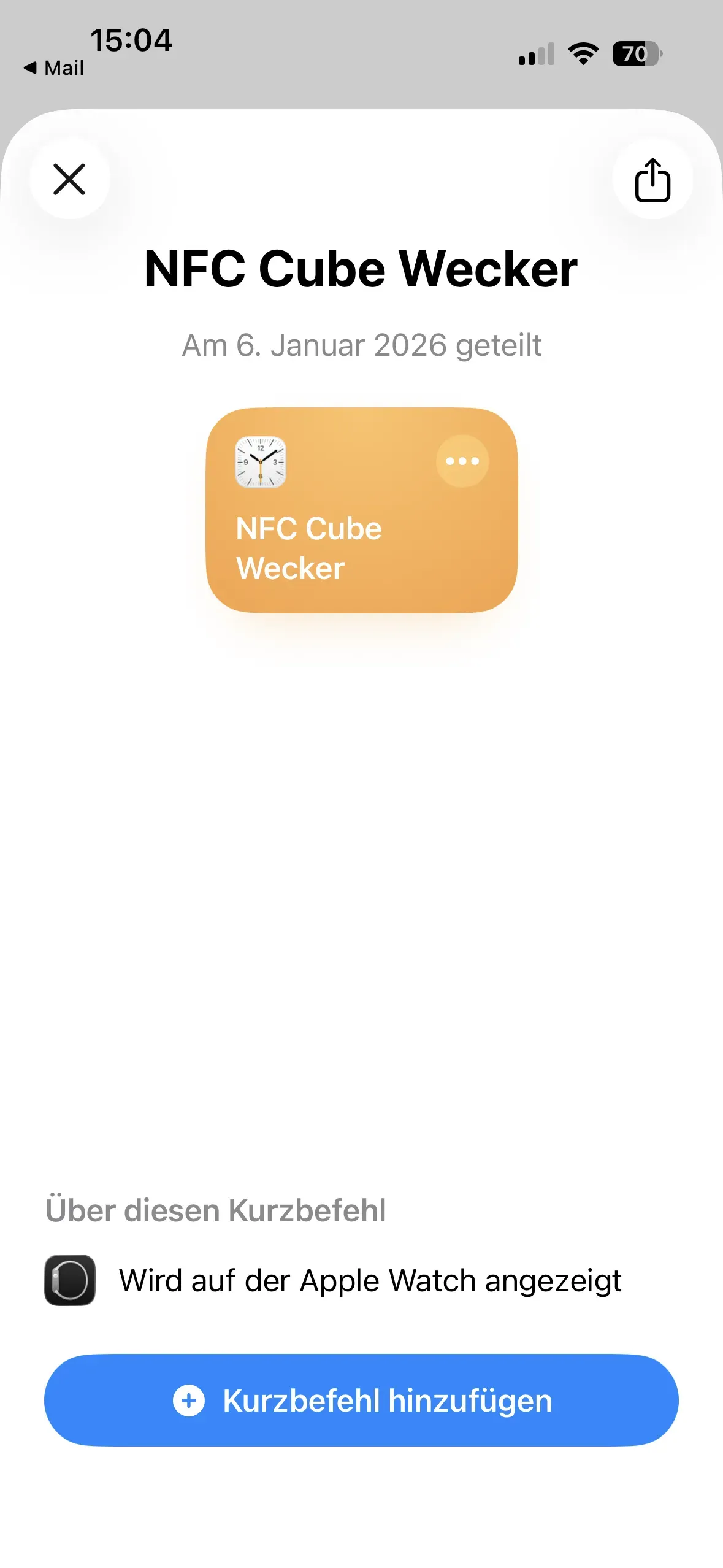 Um den Kurzbefehl herunterzuladen, muss man auf den blauen Button unten „+ Kurzbefehl hinzufügen“ tippen.