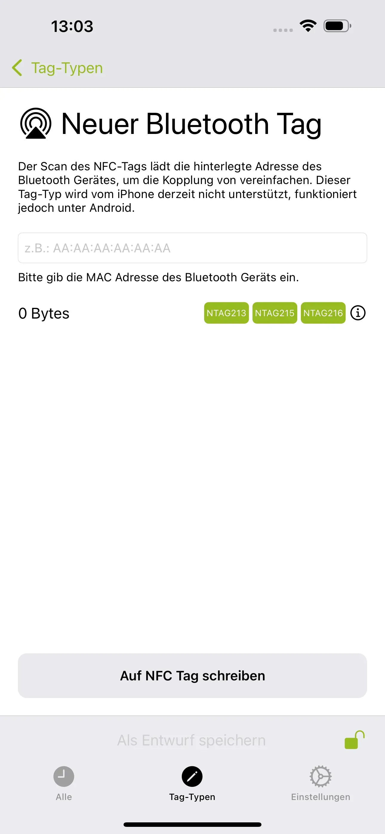 Die Seite „Neuer Bluetooth Tag“ ist erkennbar und in das Feld soll die Adresse des Bluetooth Gerätes eingetragen werden, die verarbeitet werden sollen.