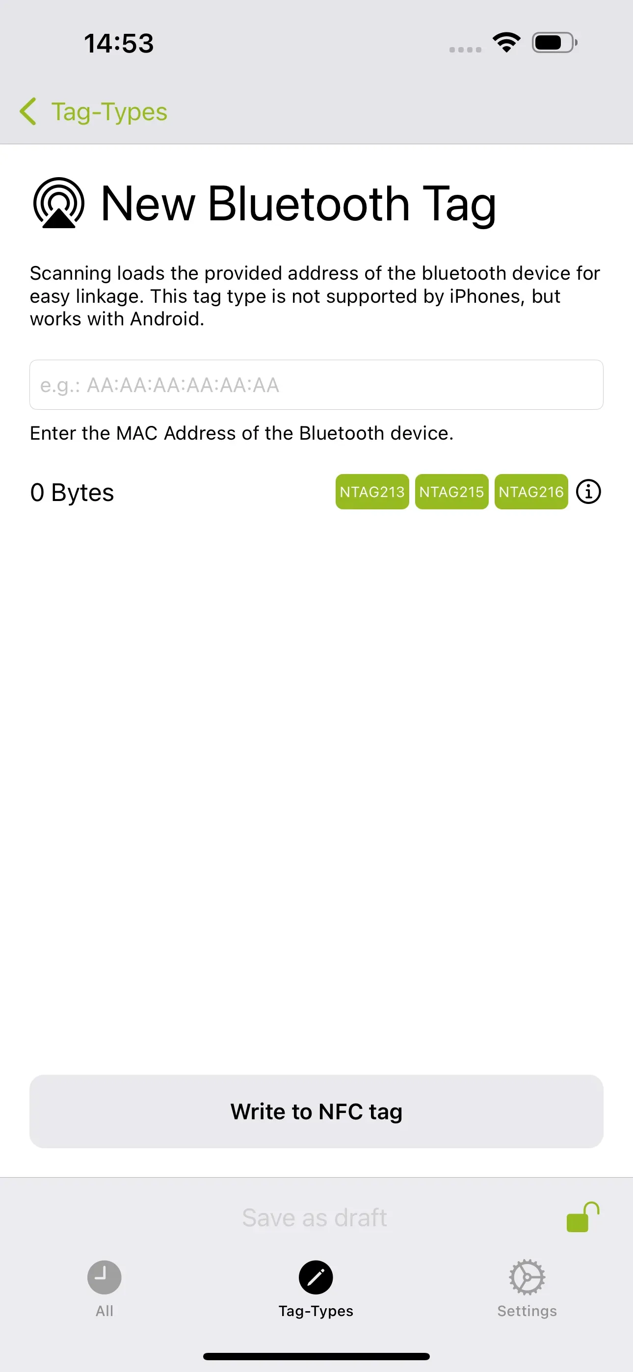 The “New Bluetooth Tag” page is visible and the address of the Bluetooth device to be processed should be entered in the field.