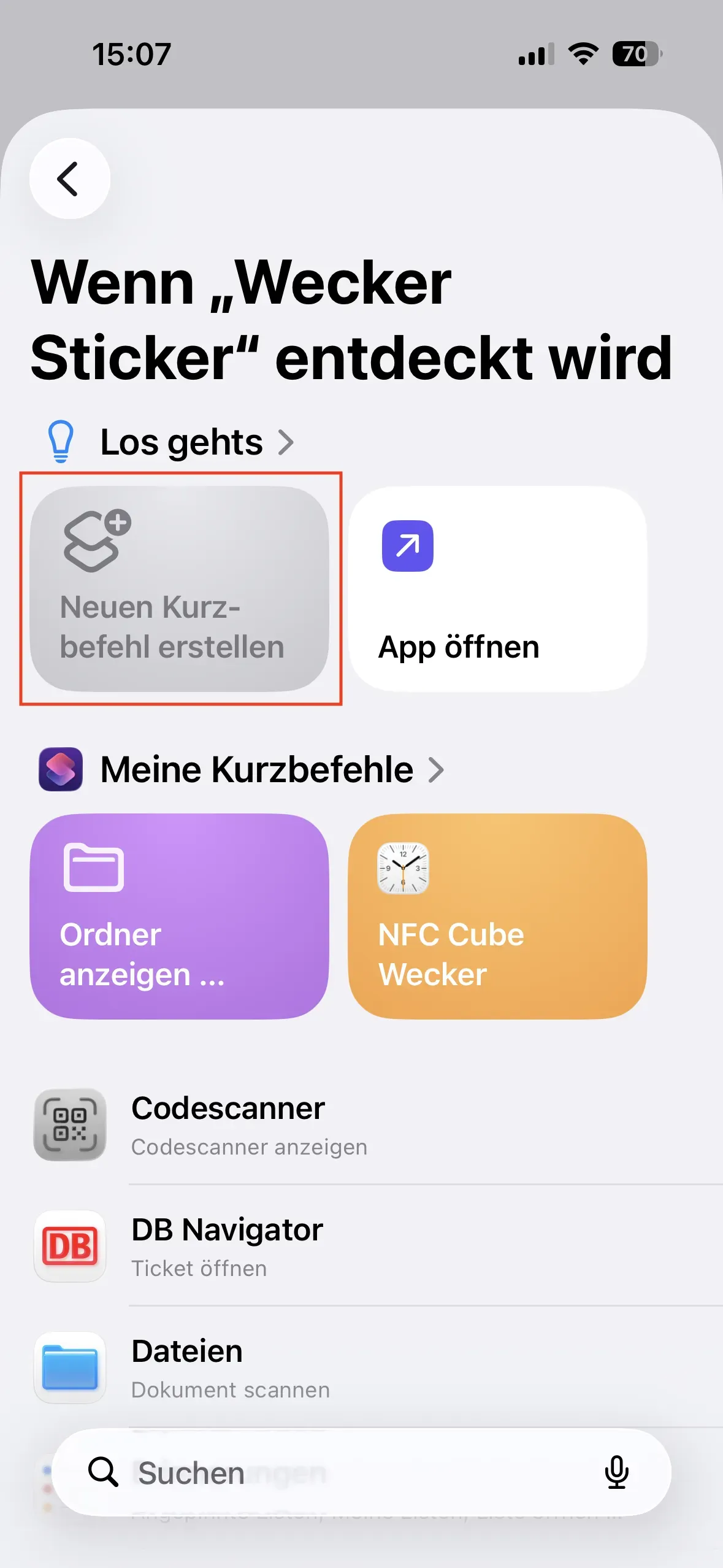 Im Bereich „Los gehts“ erscheint die Option „Neuen Kurzbefehl erstellen“.
