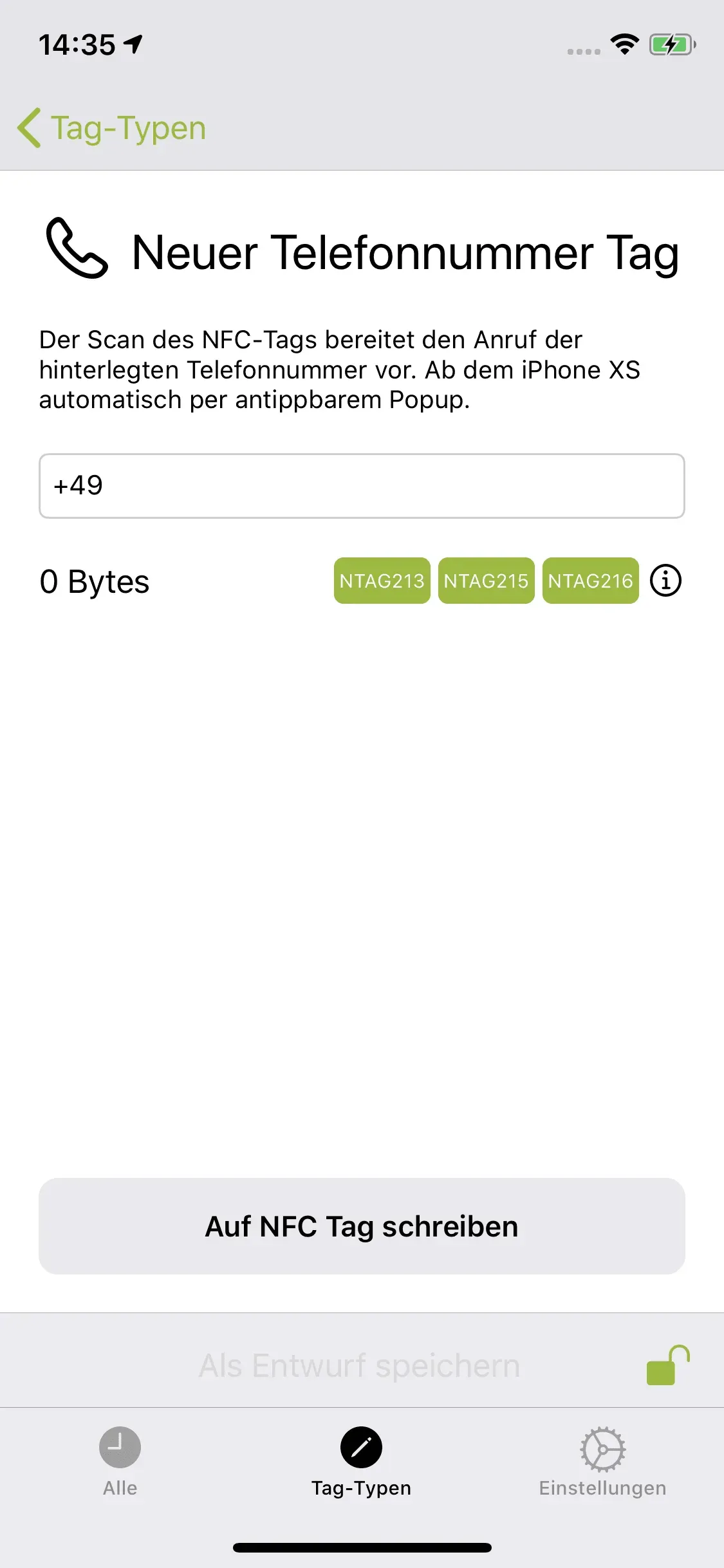 Die Seite „Neuer Telefonnummer Tag“ ist erkennbar und in das untere Feld soll die Telefonnummer der Person eingetragen werden, die man beim Scan des NFC-Tags, anrufen möchte.