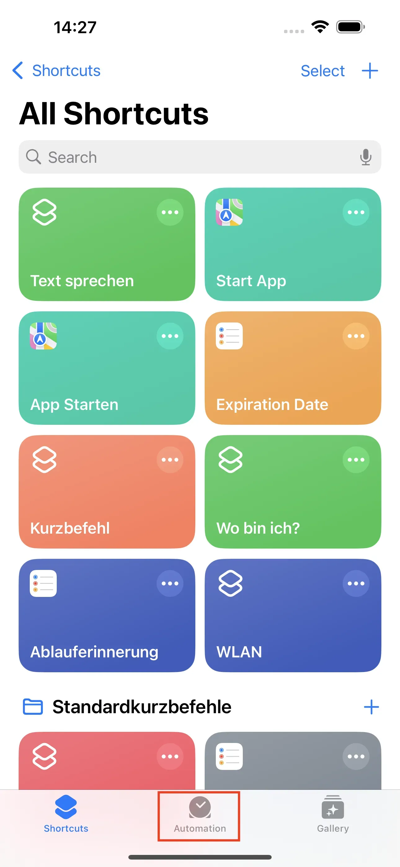 The home screen of the Shortcuts app is displayed. At the bottom centre is the ‘Automation’ button.  
