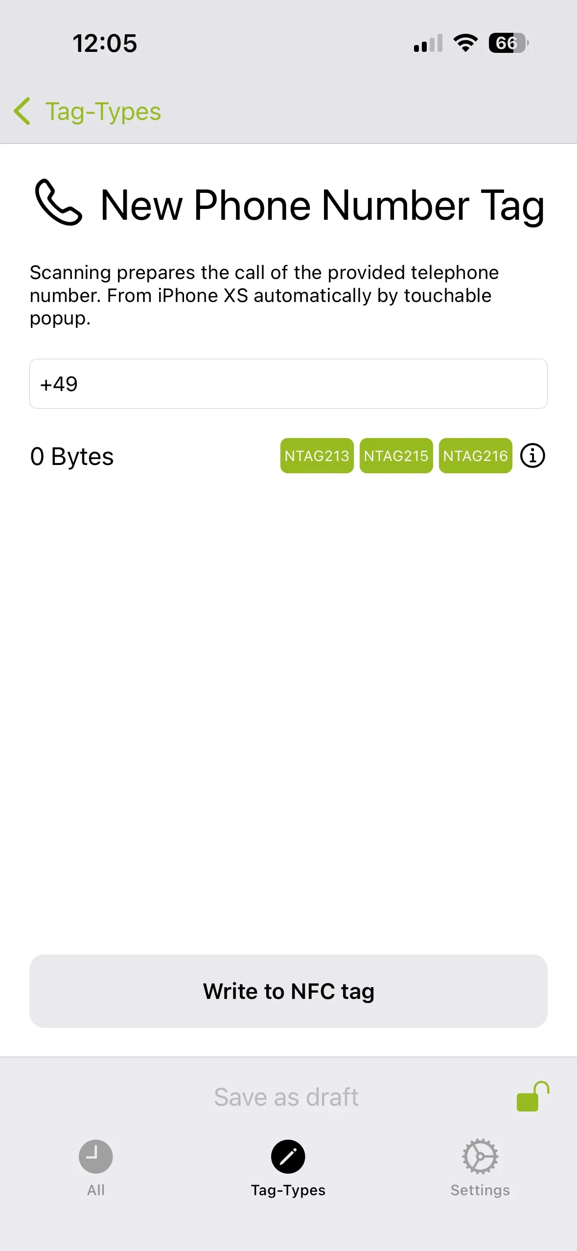 The “New Phone Number Tag” page is displayed, and you should enter the phone number of the person you want to call when scanning the NFC tag in the field at the bottom.