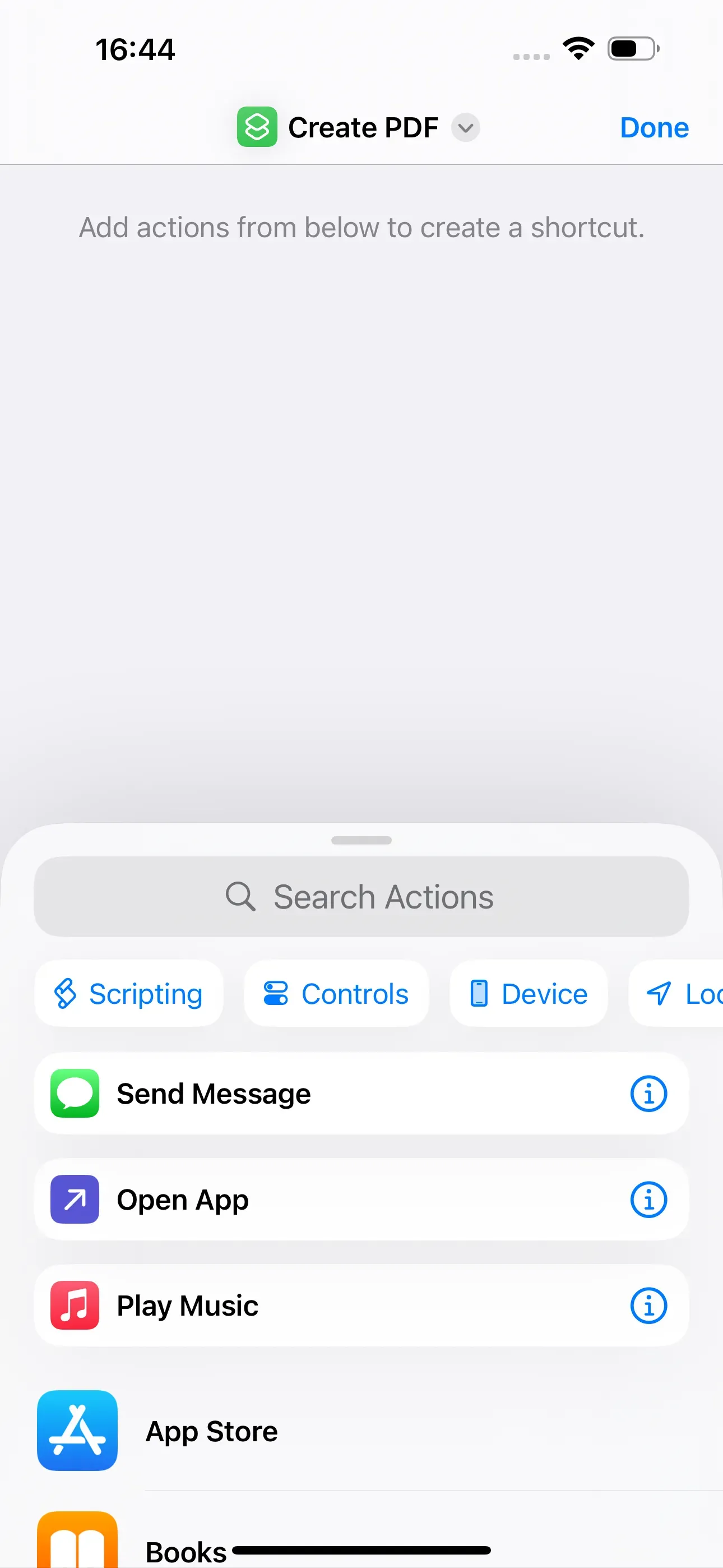 After renaming the shortcut, it is now called ‘Create PDF’.
