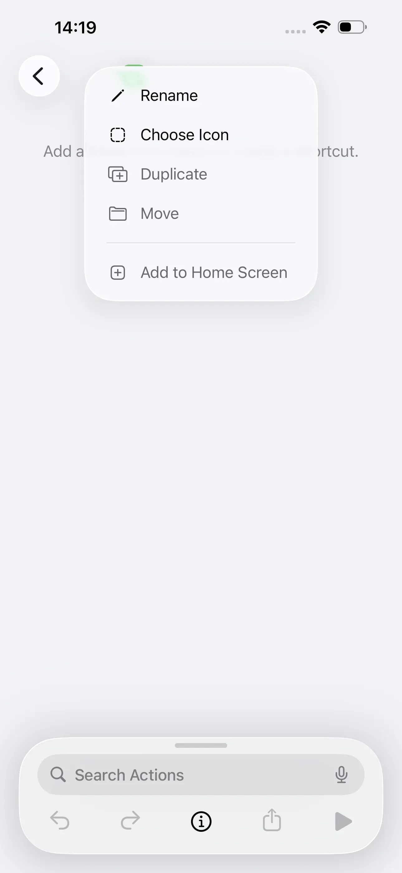 When you tap “New Shortcut,” a window appears with the option “Rename.”