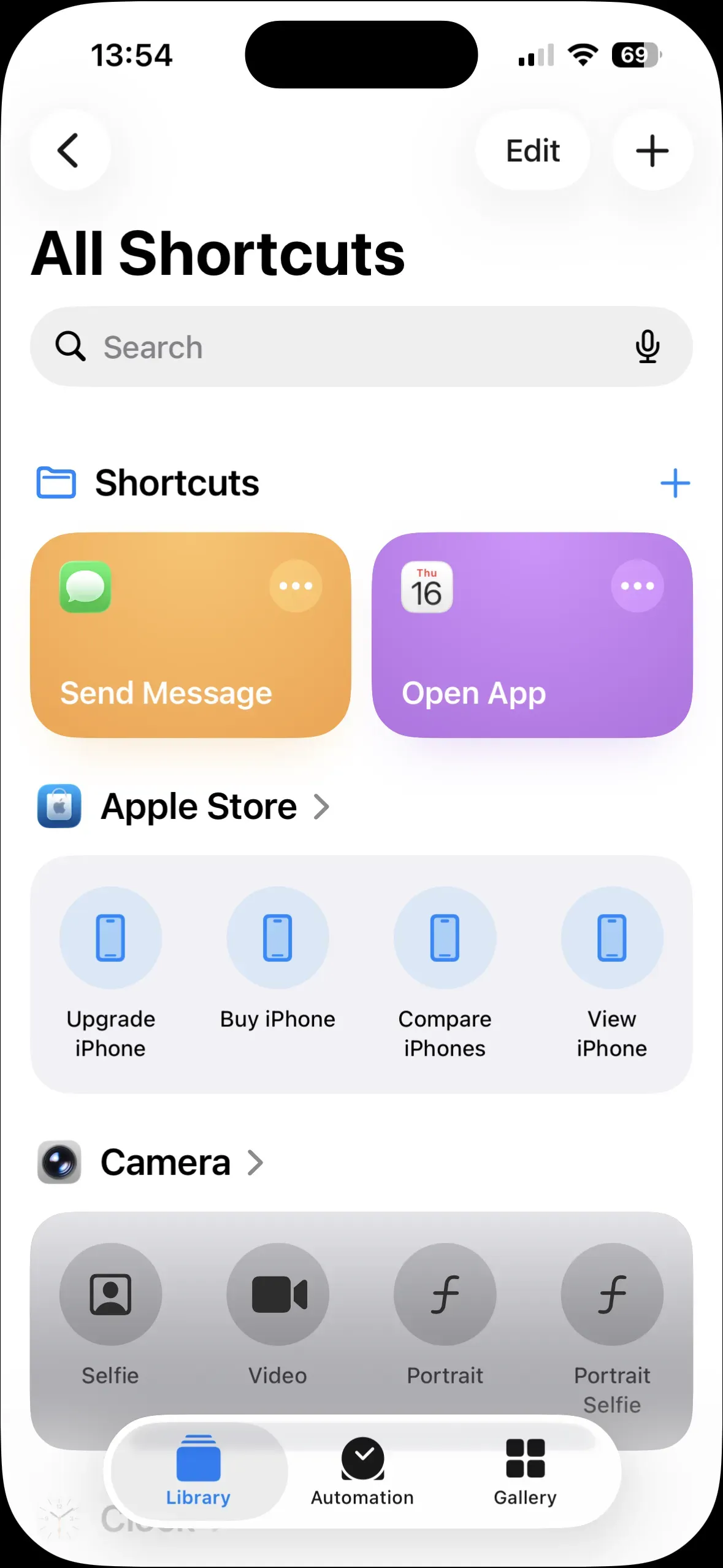 The home screen of the Shortcuts app appears.