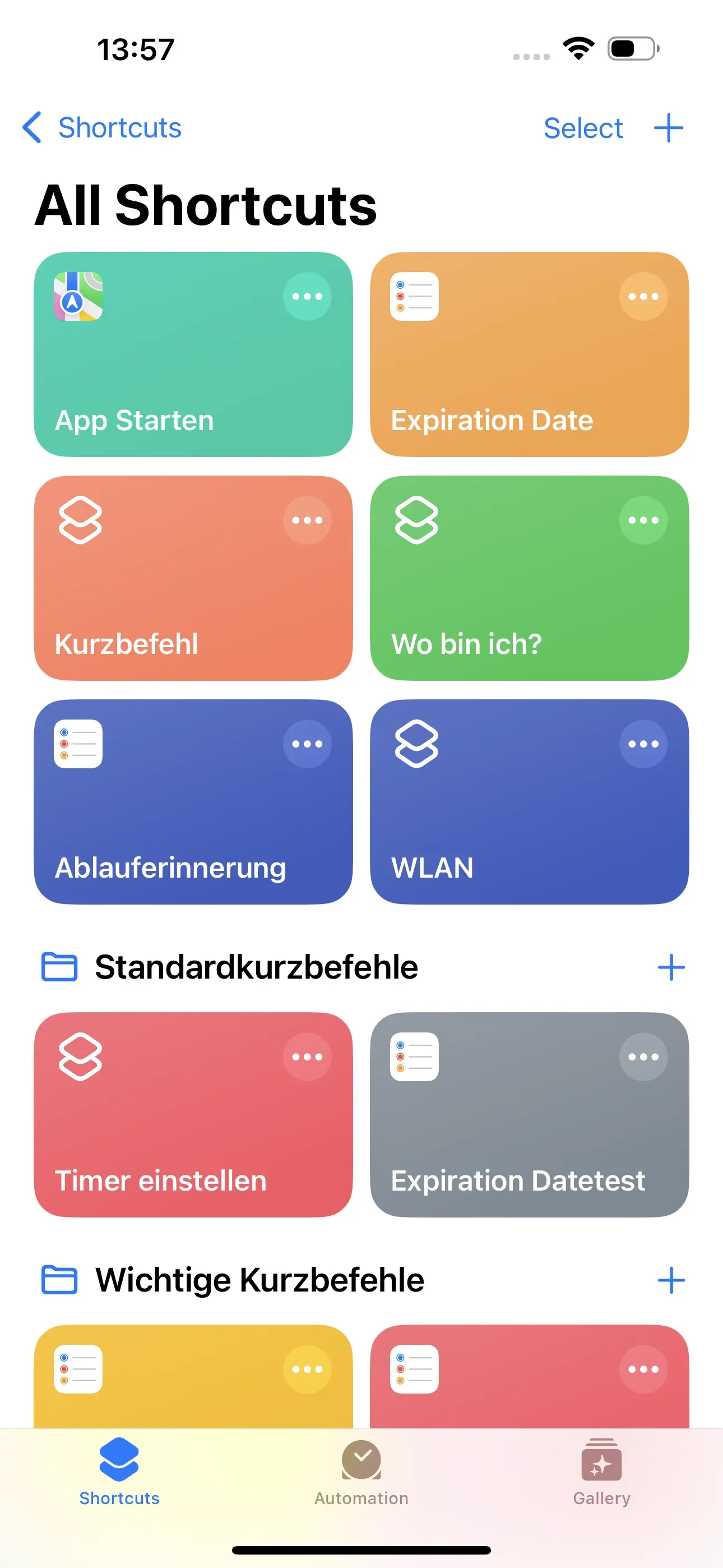 The home screen of the Shortcuts app is displayed.