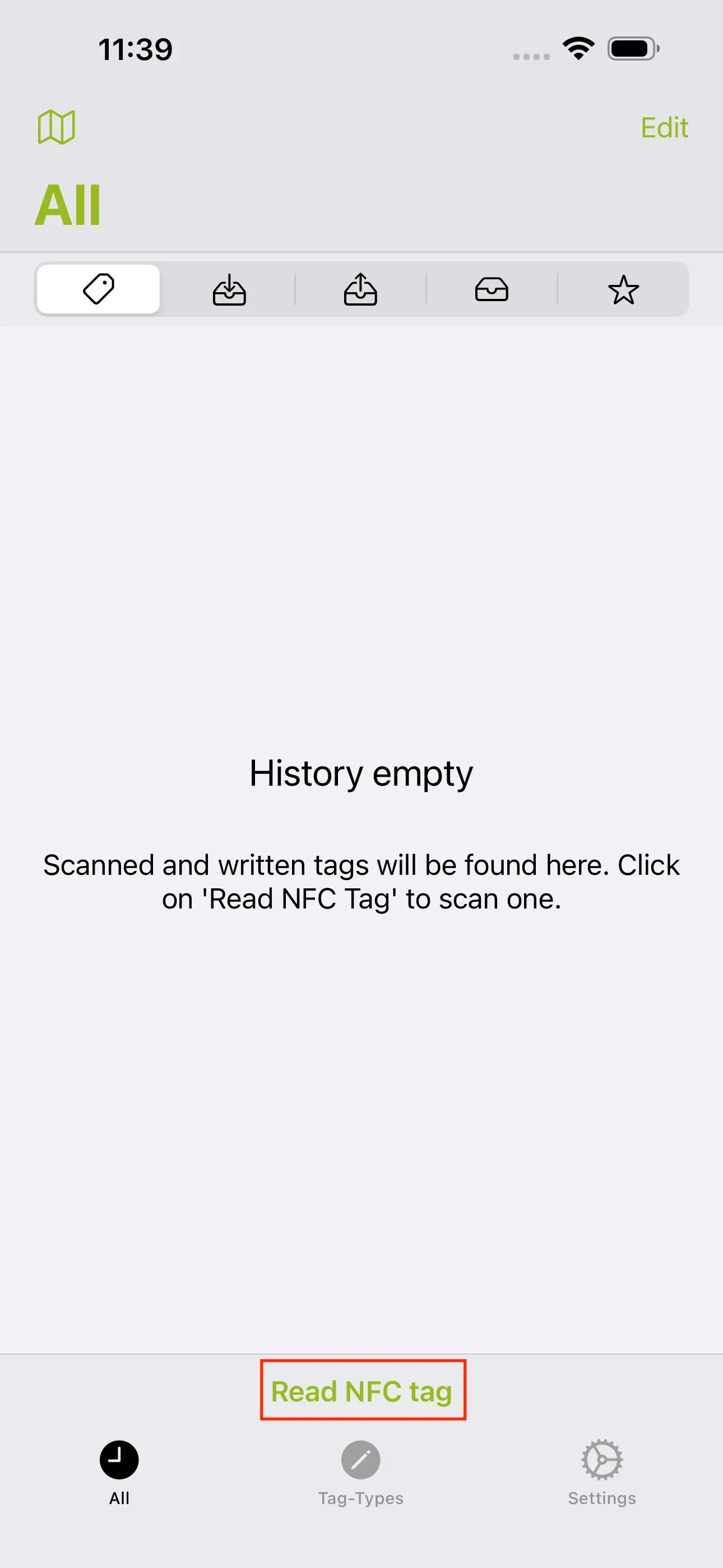 The NFC21 Tools app home screen is displayed. The bottom bar shows “Read NFC tag” in green letters.