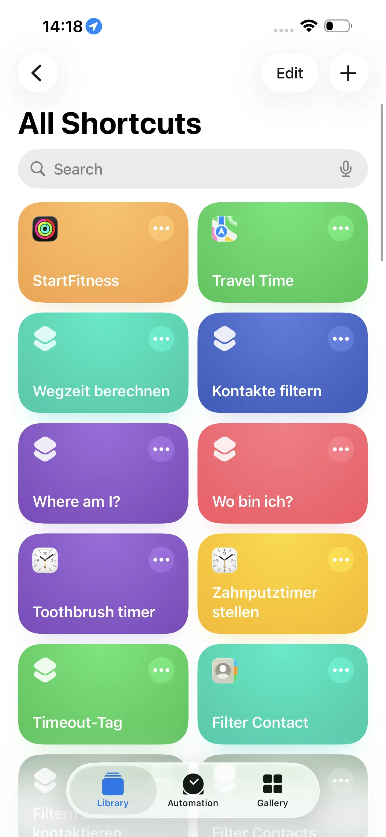 The home screen of the Shortcuts app is displayed.