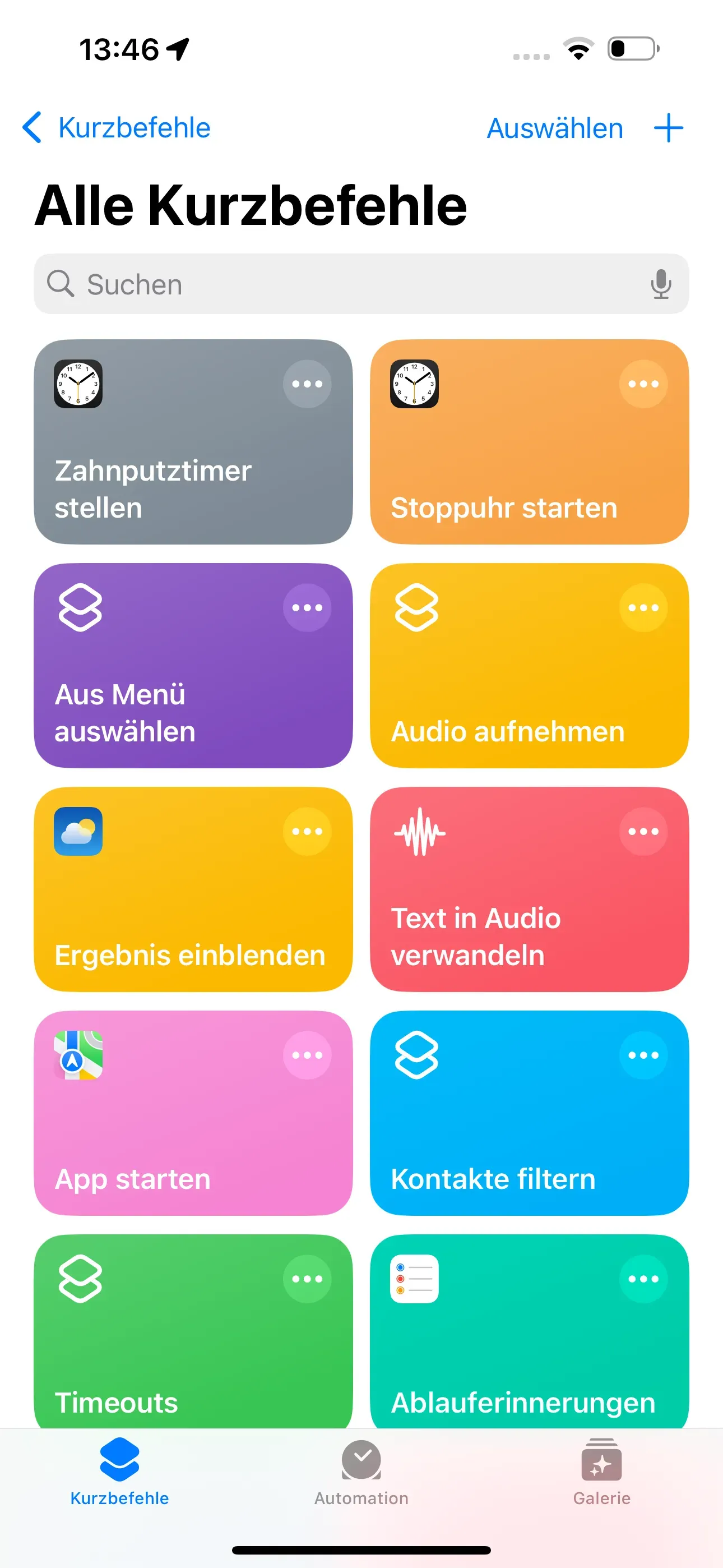 Hier erkennt man die Startseite der Kurzbefehl App