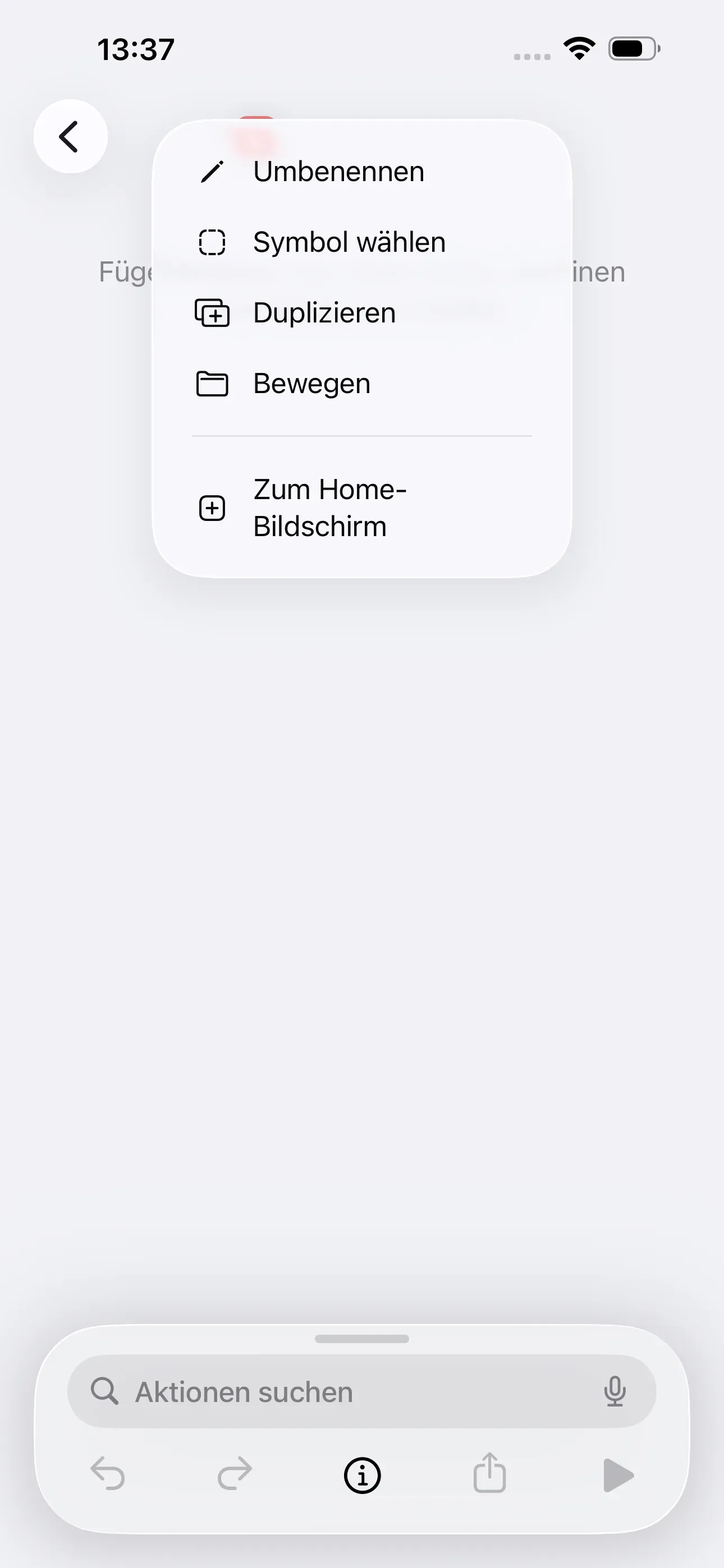 Beim Tippen auf „Neuer Kurzbefehl“, taucht das Fenster mit der Option „Umbennen“ auf.
