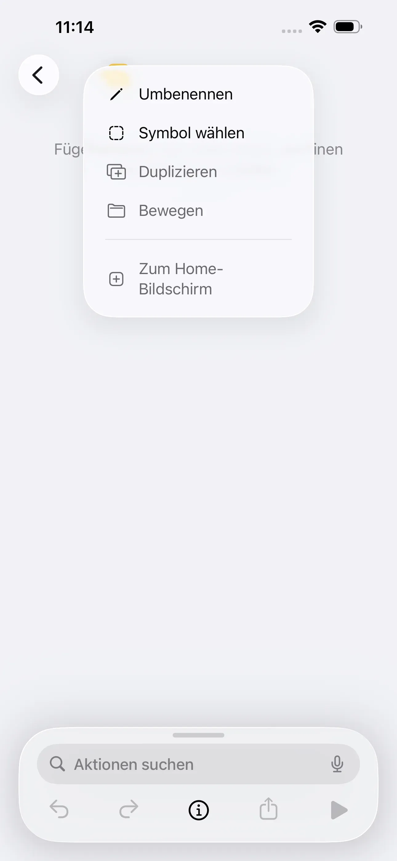Beim Tippen auf „Neuer Kurzbefehl“, taucht das Fenster mit der Option „Umbennen“ auf.