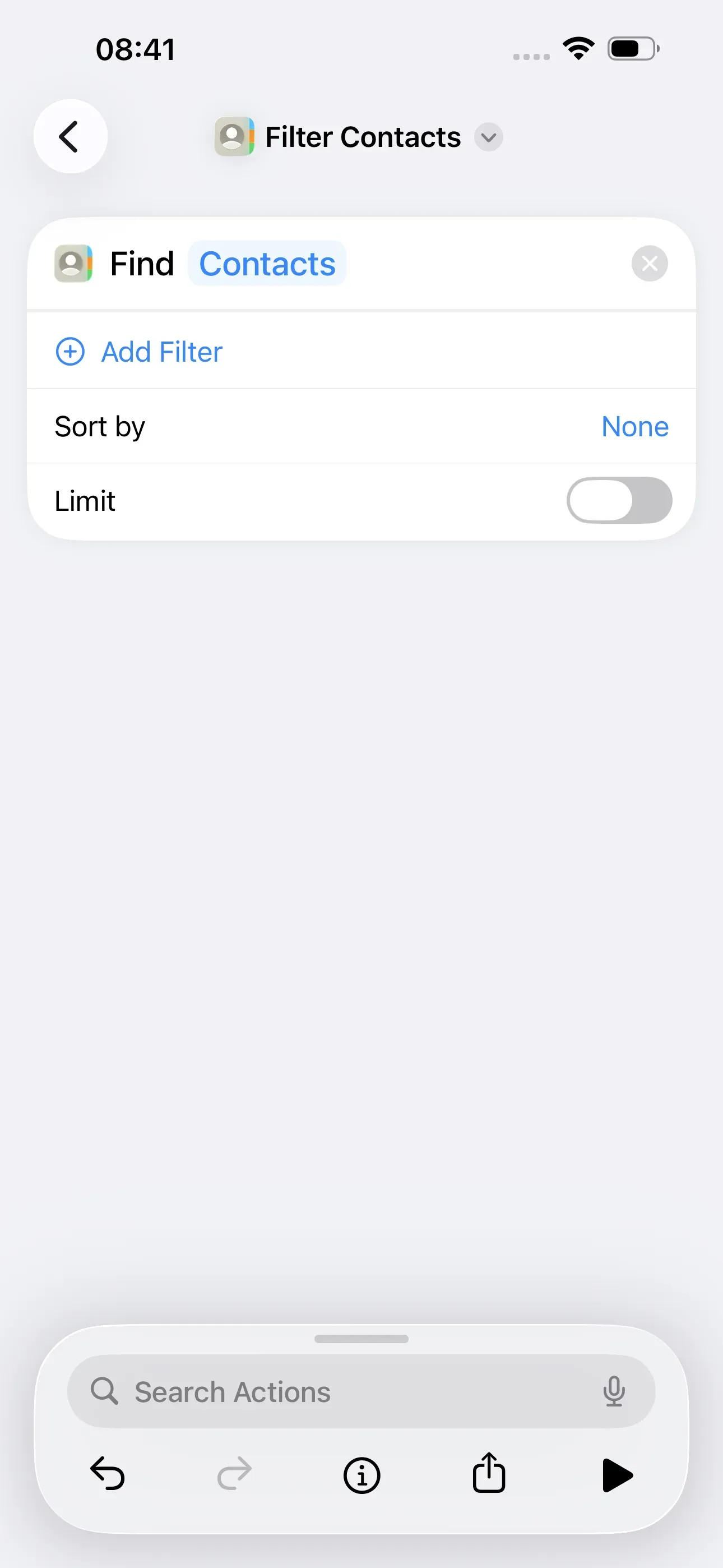 The ‘Find Contacts’ action is started.