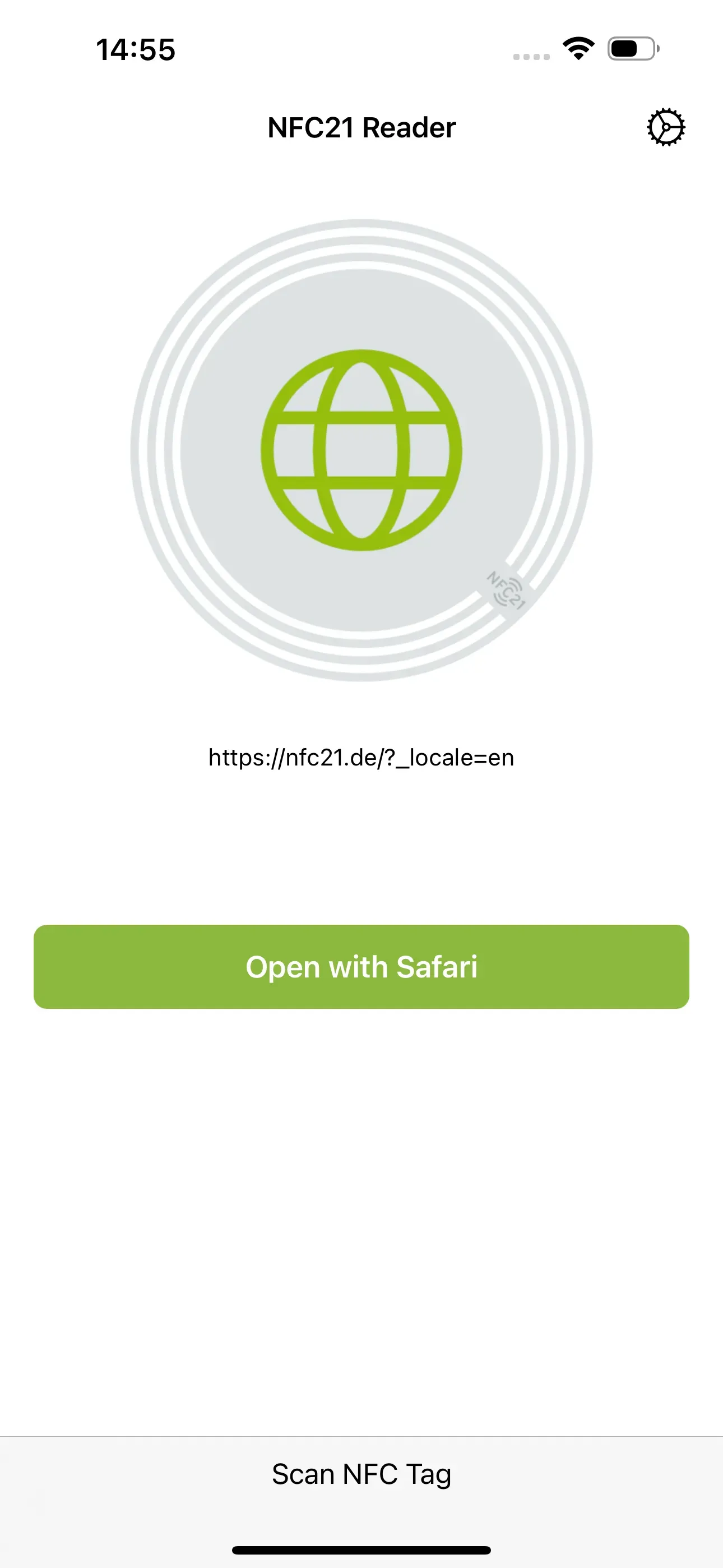 When scanning the NFC tag with the NFC21 Reader app, the tag is read and the web link stored on it, appears. This can be opened directly using the ‘Open with Safari’ button below.