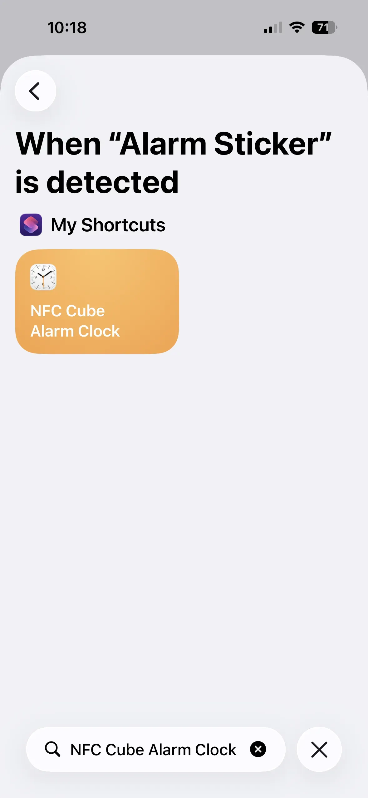 Type “NFC Cube Alarm Clock” into the search bar in the “When “Alarm Sticker” is detected” window.