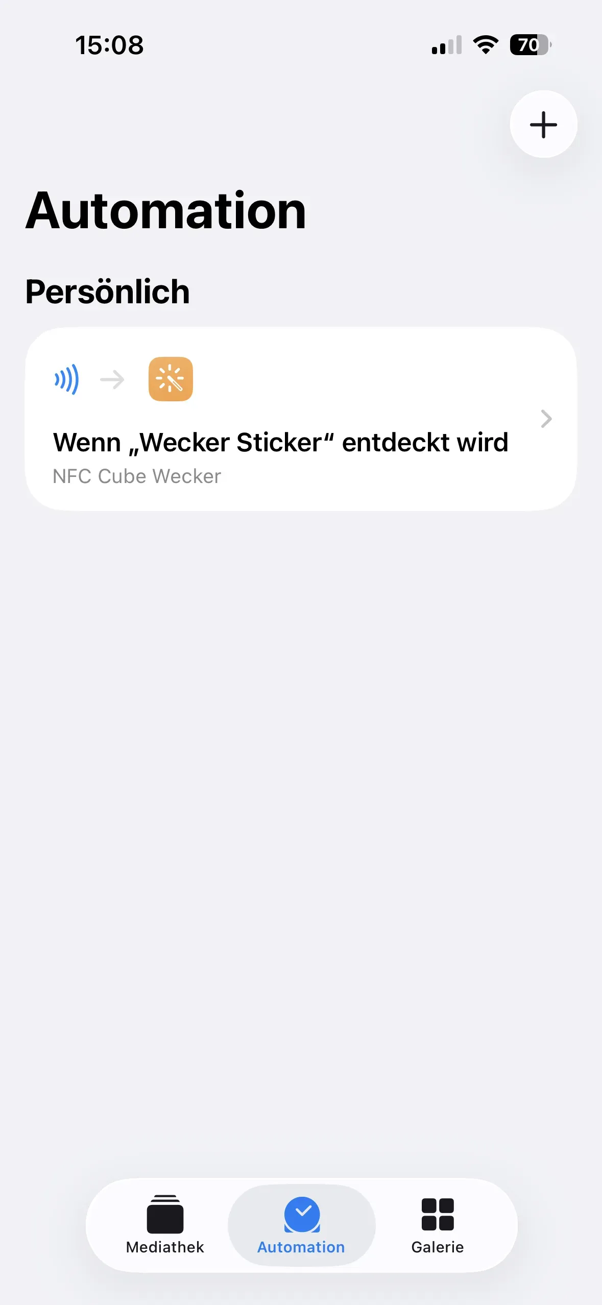 Die Automation ist fertig erstellt und es wird angezeigt, dass wenn die Automation „Wecker Sticker“ entdeckt wird, die Aktion NFC Cube Wecker gestartet wird.