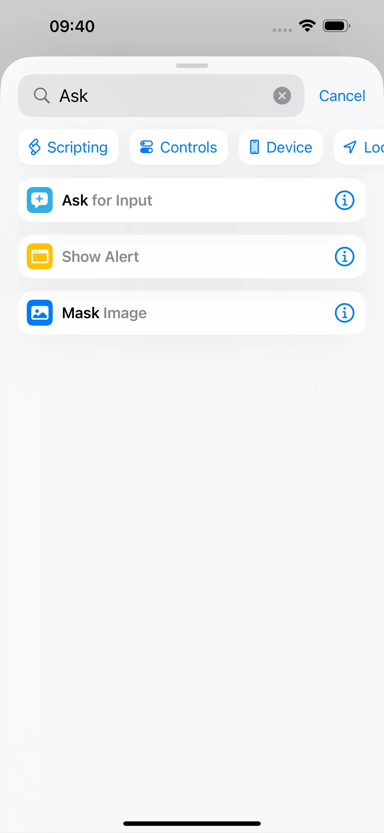 Enter ‘Input’ in the search bar and select the ‘Ask for Input’ option.
