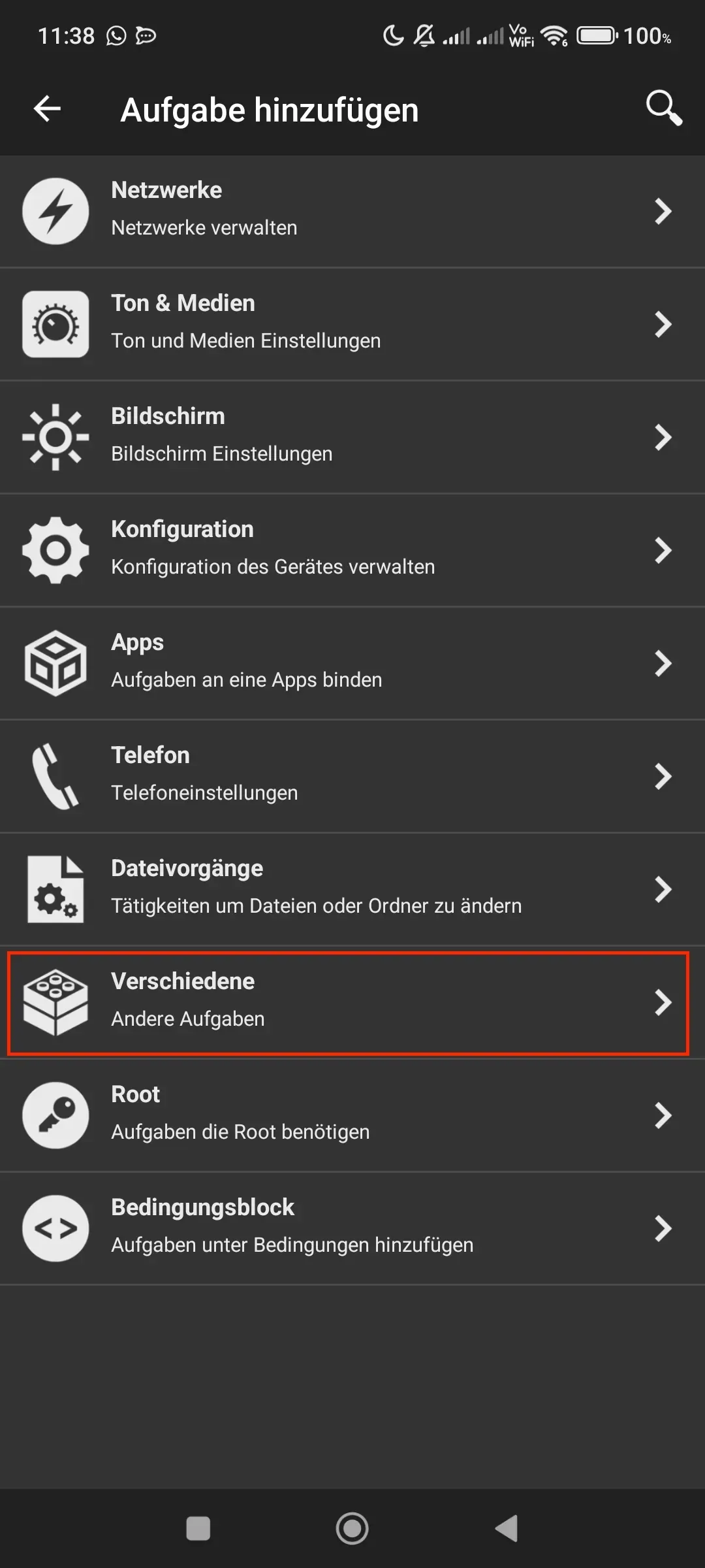Im Fenster „Aufgabe hinzufügen“, soll die Aktion „Verschiedene“ angetippt werden.