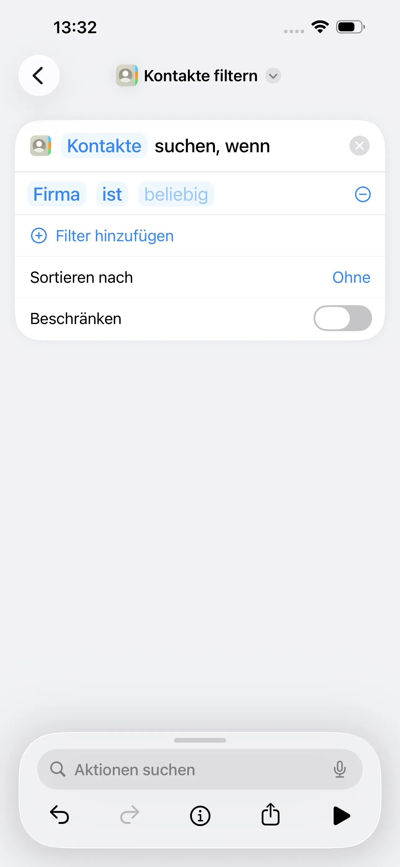 Es wurde ein Filter hinzugefügt uns so steht nun im Feld „+ Filter hinzufügen“, „Firma ist beliebig“.